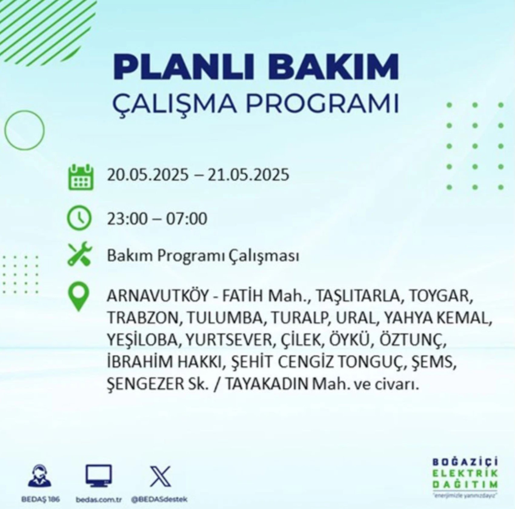 BEDAŞ paylaştı: İstanbul'da 20 Mayıs Salı günü elektrik kesintisi yaşanacak ilçeler