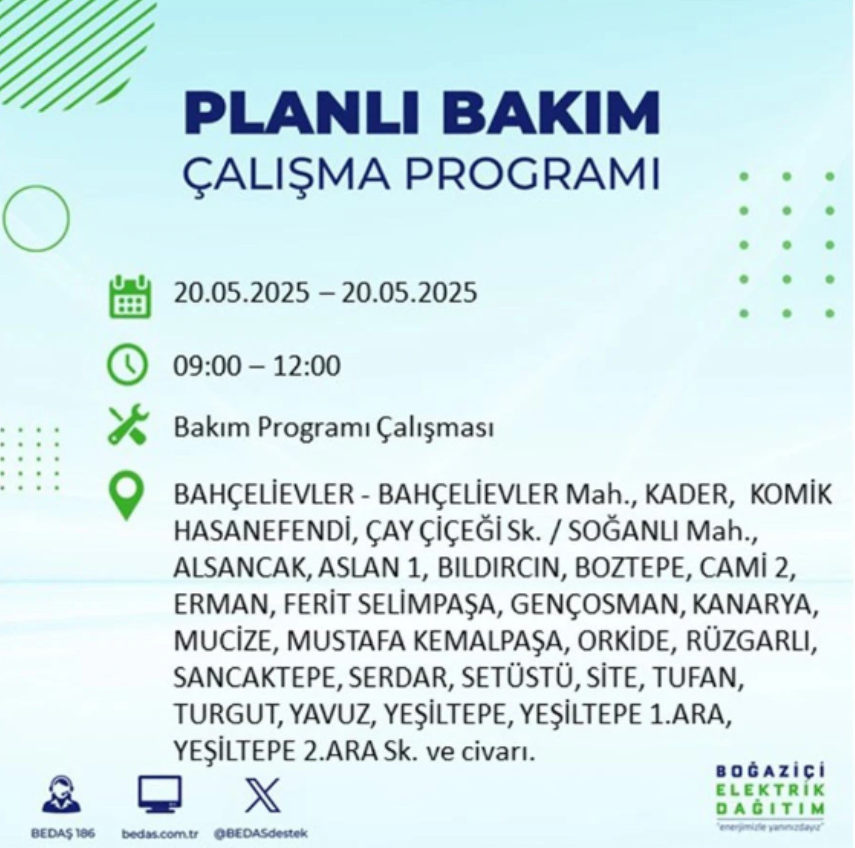 BEDAŞ paylaştı: İstanbul'da 20 Mayıs Salı günü elektrik kesintisi yaşanacak ilçeler