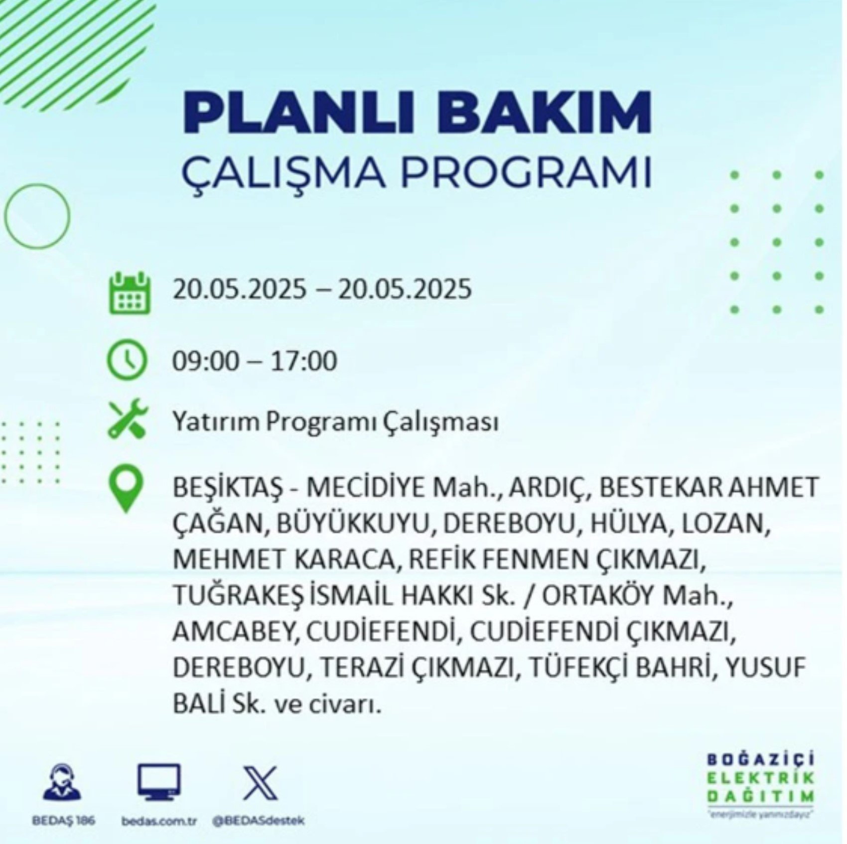 BEDAŞ paylaştı: İstanbul'da 20 Mayıs Salı günü elektrik kesintisi yaşanacak ilçeler