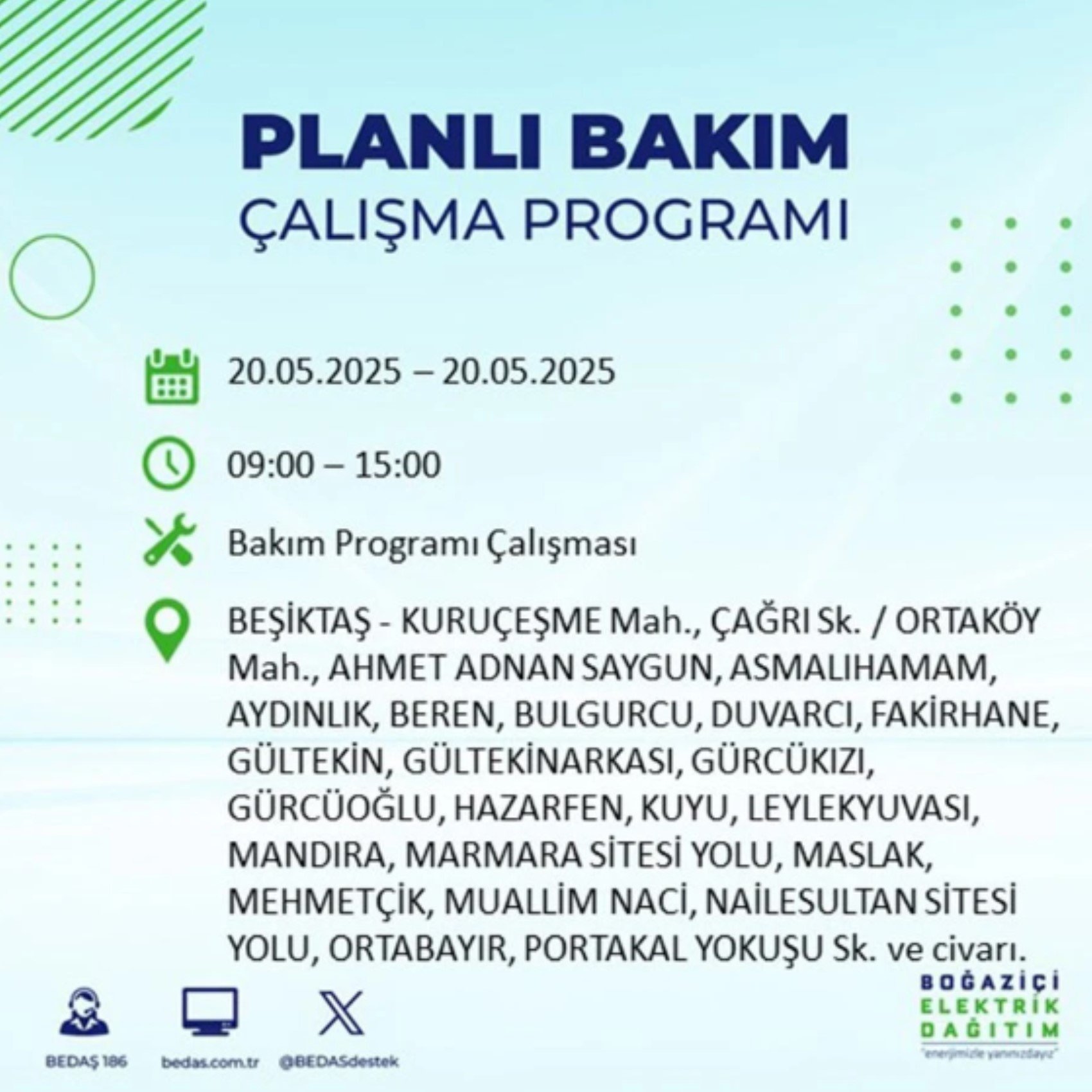 BEDAŞ paylaştı: İstanbul'da 20 Mayıs Salı günü elektrik kesintisi yaşanacak ilçeler