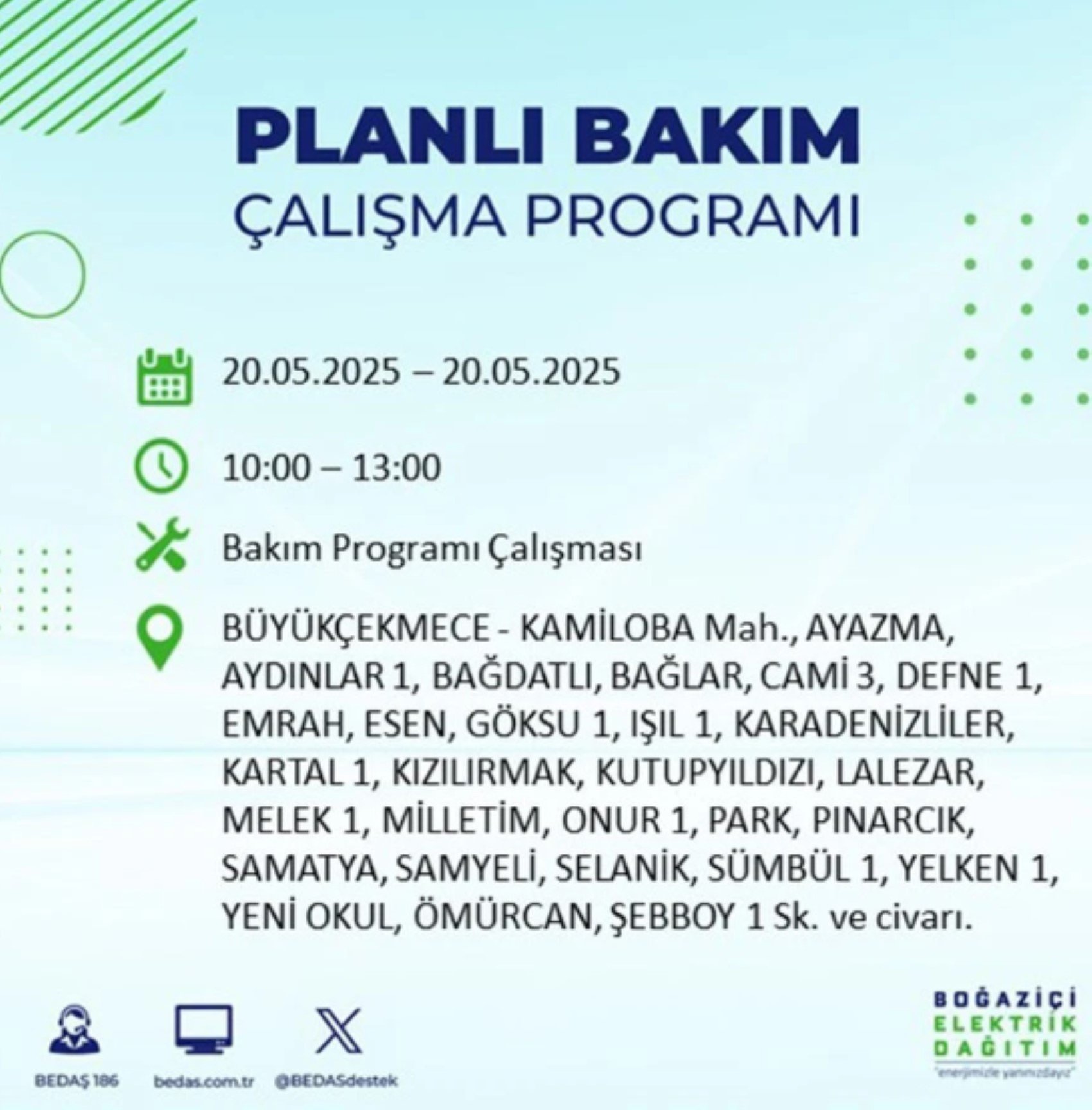 BEDAŞ paylaştı: İstanbul'da 20 Mayıs Salı günü elektrik kesintisi yaşanacak ilçeler