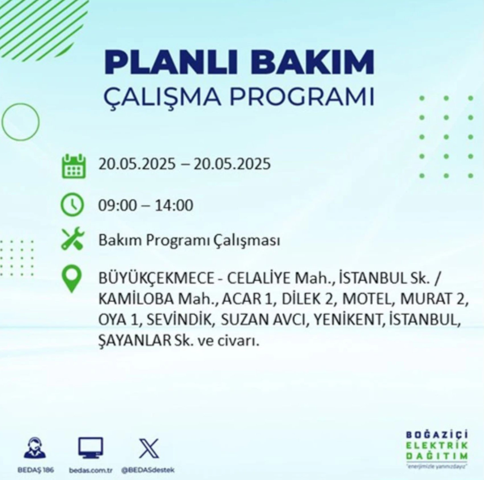 BEDAŞ paylaştı: İstanbul'da 20 Mayıs Salı günü elektrik kesintisi yaşanacak ilçeler