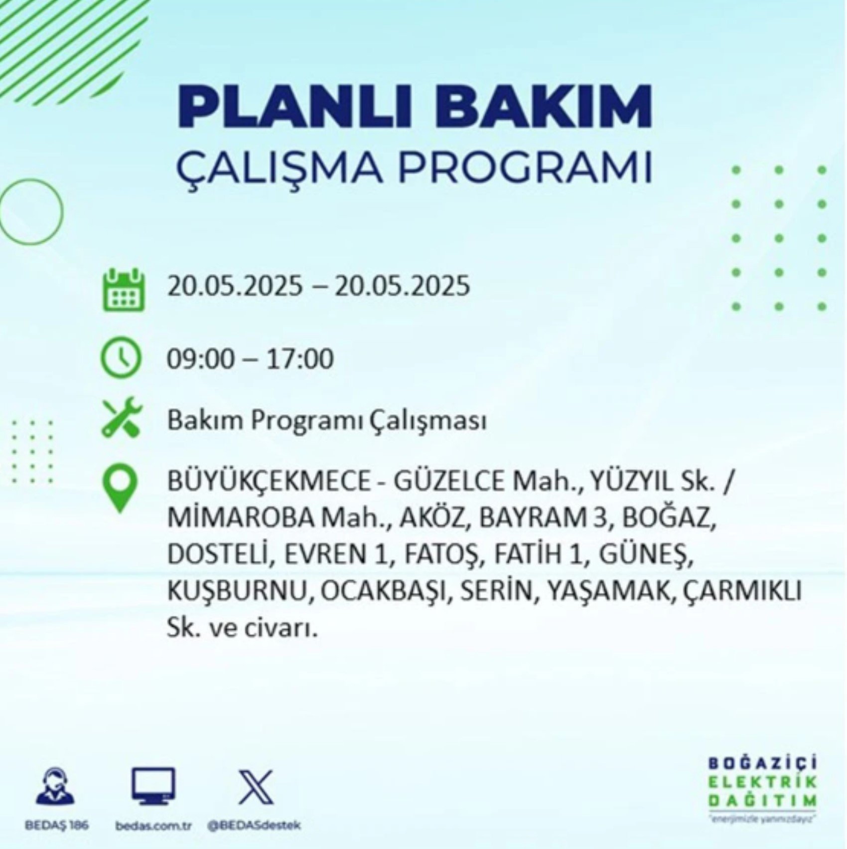 BEDAŞ paylaştı: İstanbul'da 20 Mayıs Salı günü elektrik kesintisi yaşanacak ilçeler