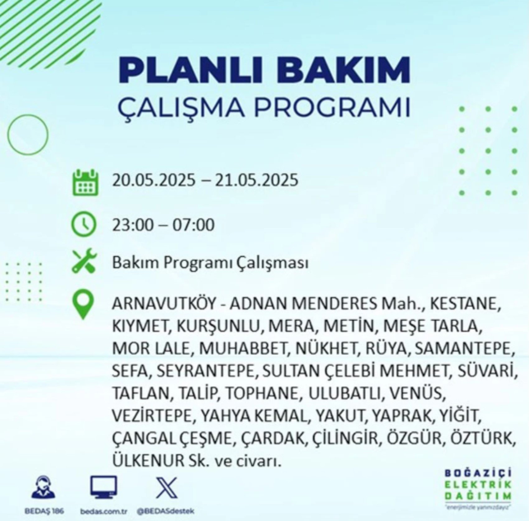BEDAŞ paylaştı: İstanbul'da 20 Mayıs Salı günü elektrik kesintisi yaşanacak ilçeler