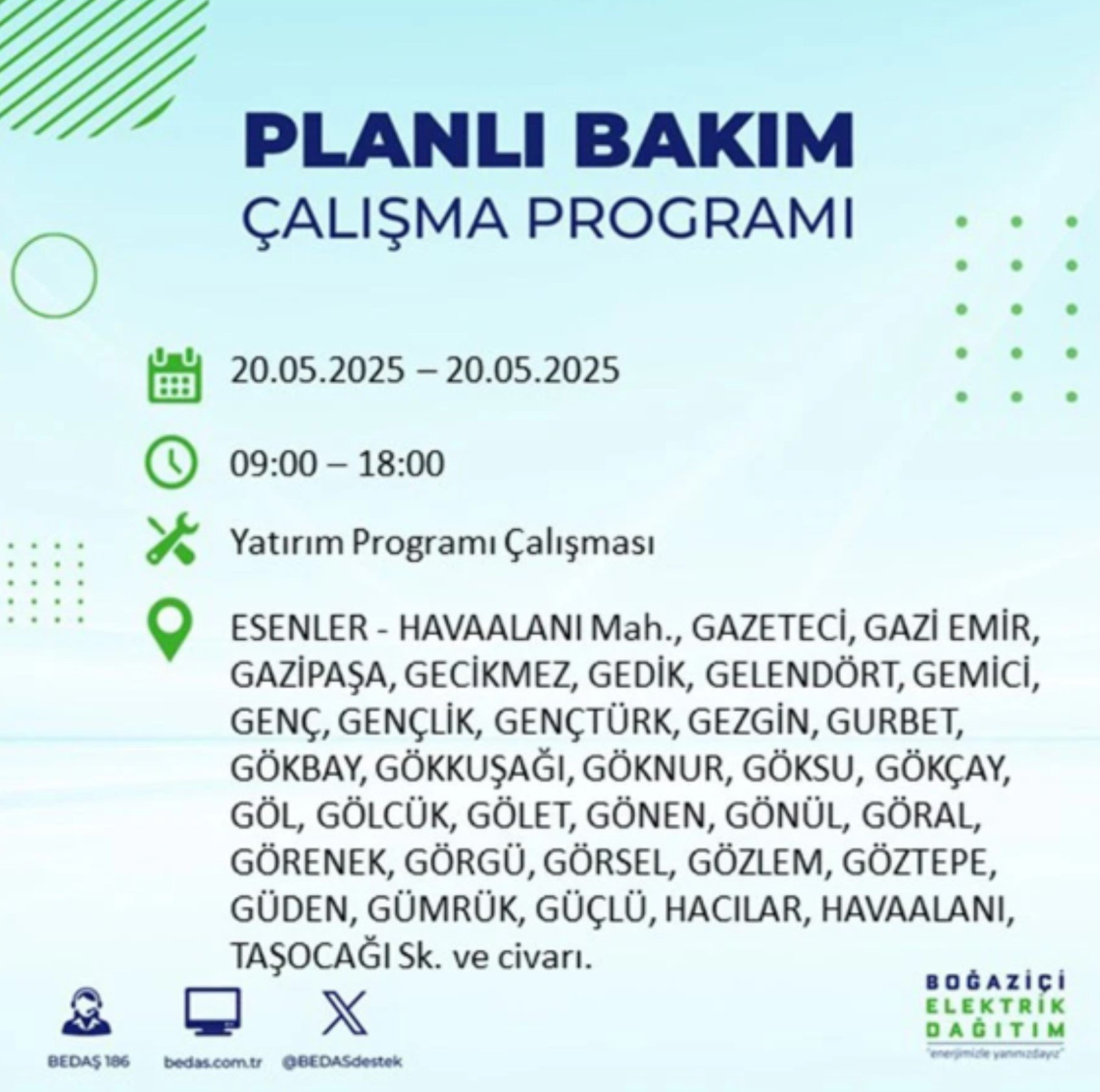 BEDAŞ paylaştı: İstanbul'da 20 Mayıs Salı günü elektrik kesintisi yaşanacak ilçeler