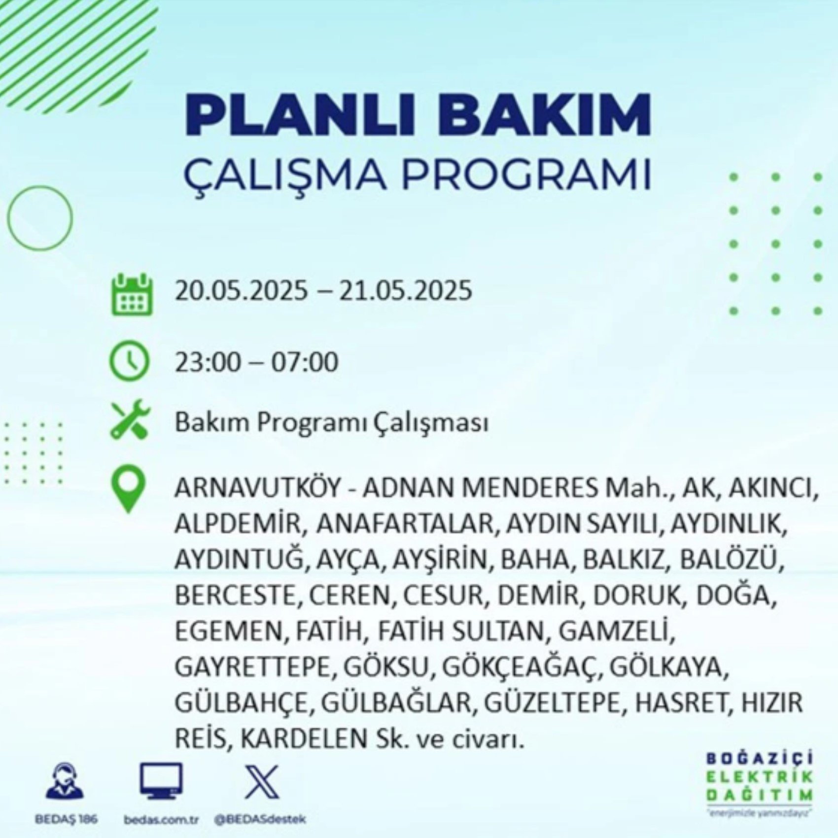 BEDAŞ paylaştı: İstanbul'da 20 Mayıs Salı günü elektrik kesintisi yaşanacak ilçeler