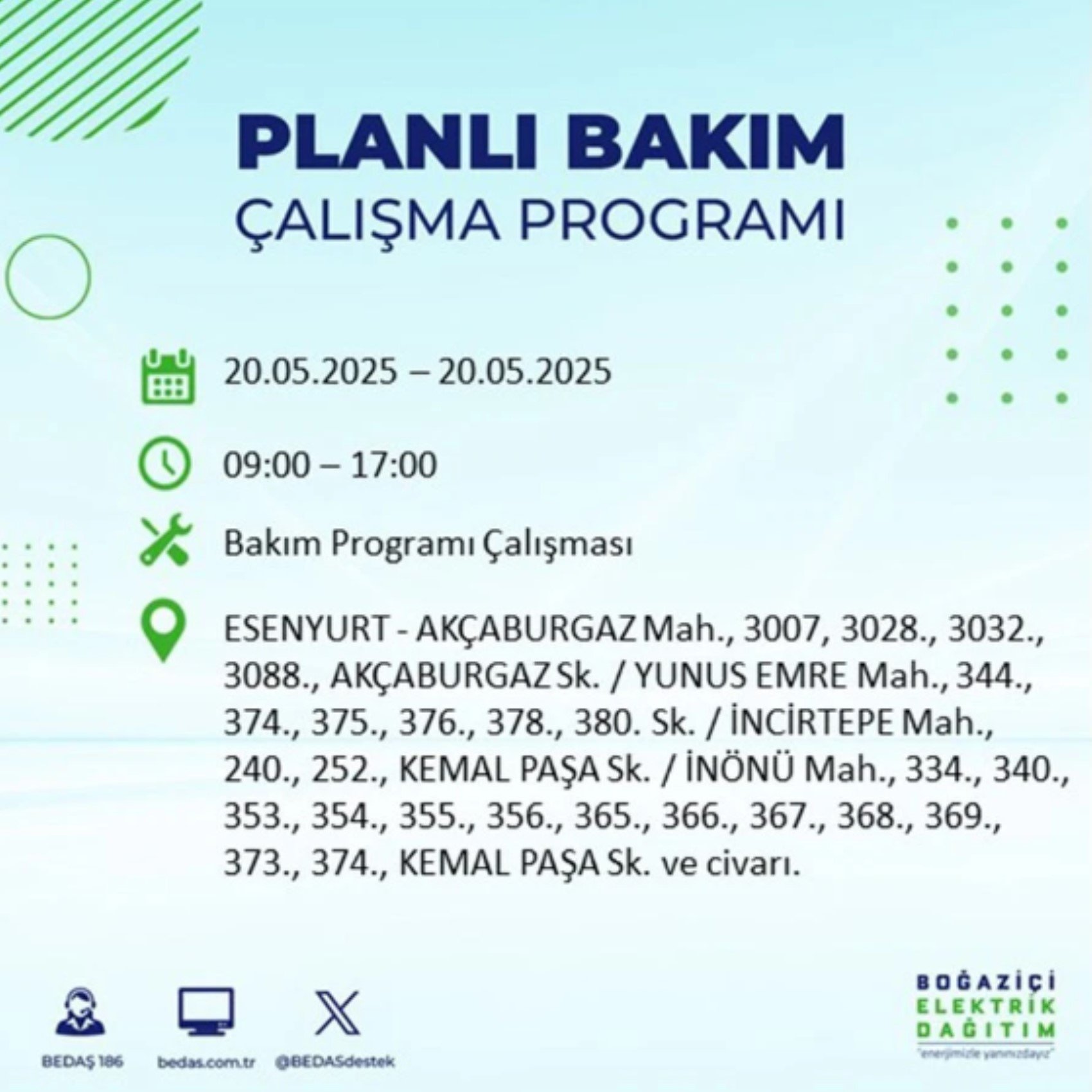 BEDAŞ paylaştı: İstanbul'da 20 Mayıs Salı günü elektrik kesintisi yaşanacak ilçeler