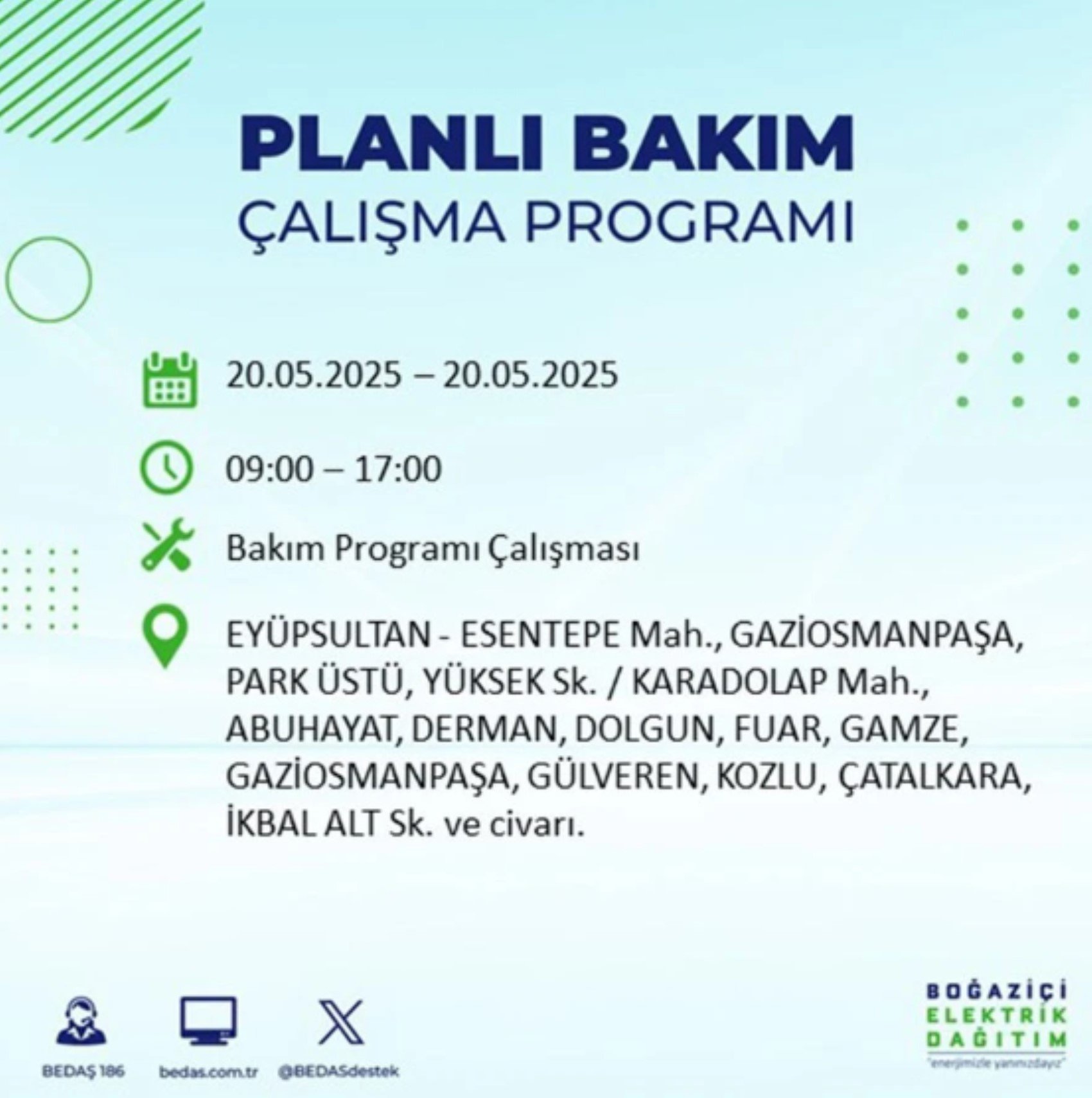 BEDAŞ paylaştı: İstanbul'da 20 Mayıs Salı günü elektrik kesintisi yaşanacak ilçeler