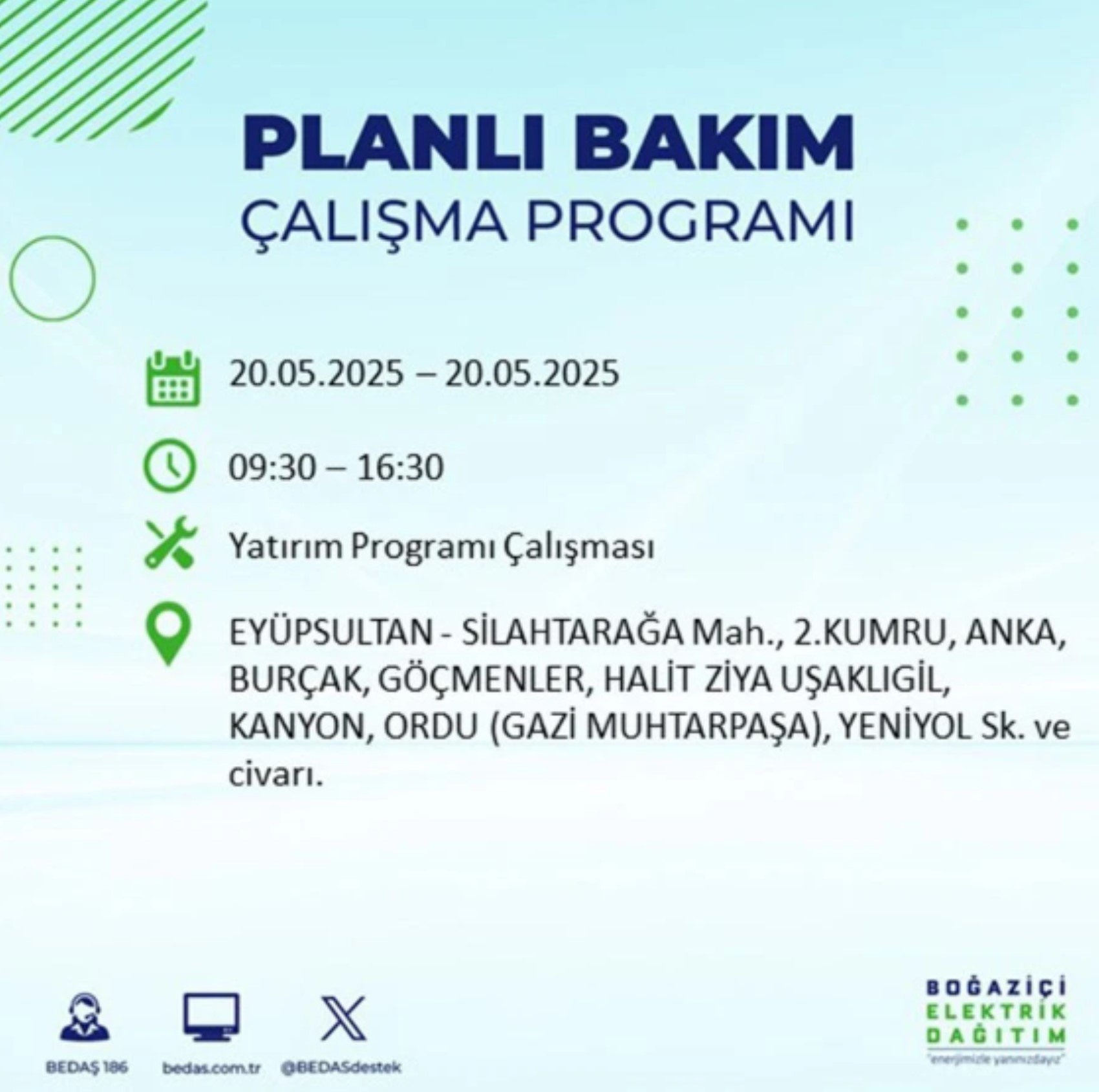 BEDAŞ paylaştı: İstanbul'da 20 Mayıs Salı günü elektrik kesintisi yaşanacak ilçeler