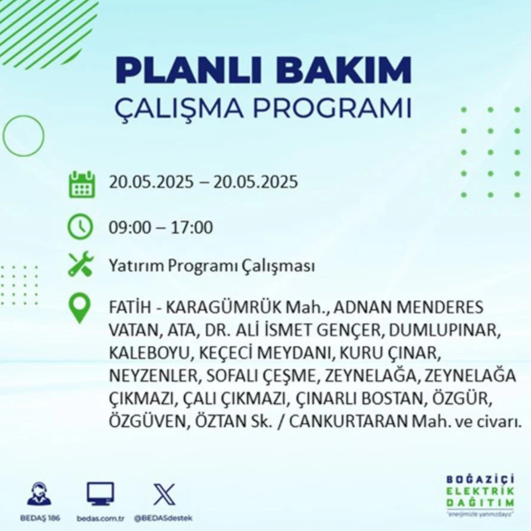 BEDAŞ paylaştı: İstanbul'da 20 Mayıs Salı günü elektrik kesintisi yaşanacak ilçeler