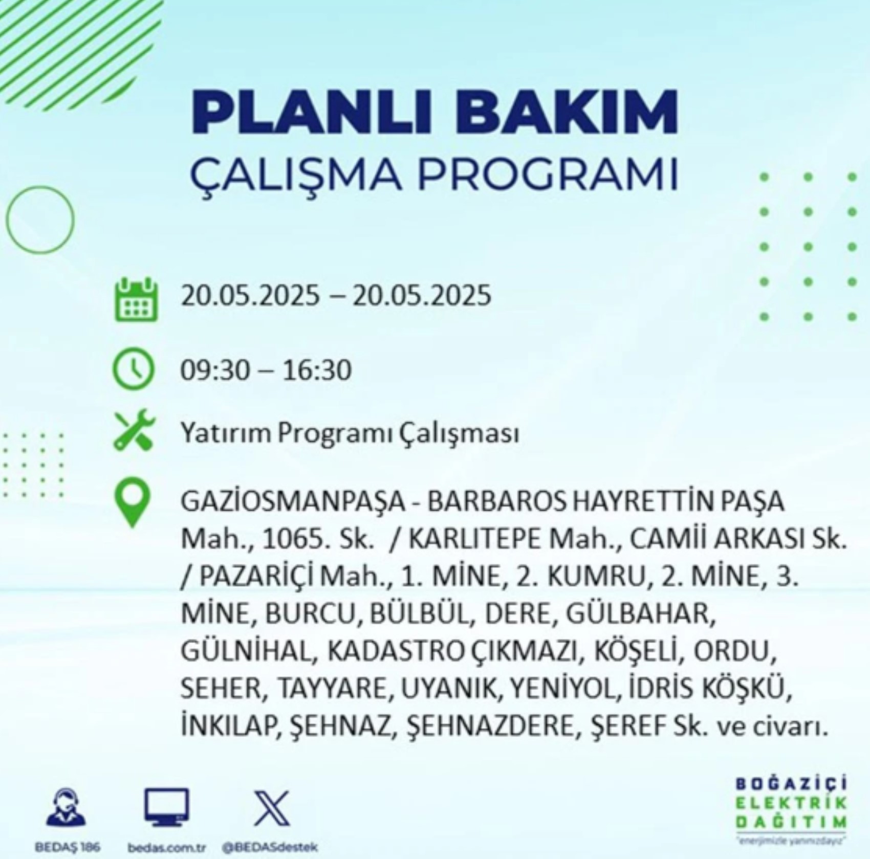 BEDAŞ paylaştı: İstanbul'da 20 Mayıs Salı günü elektrik kesintisi yaşanacak ilçeler