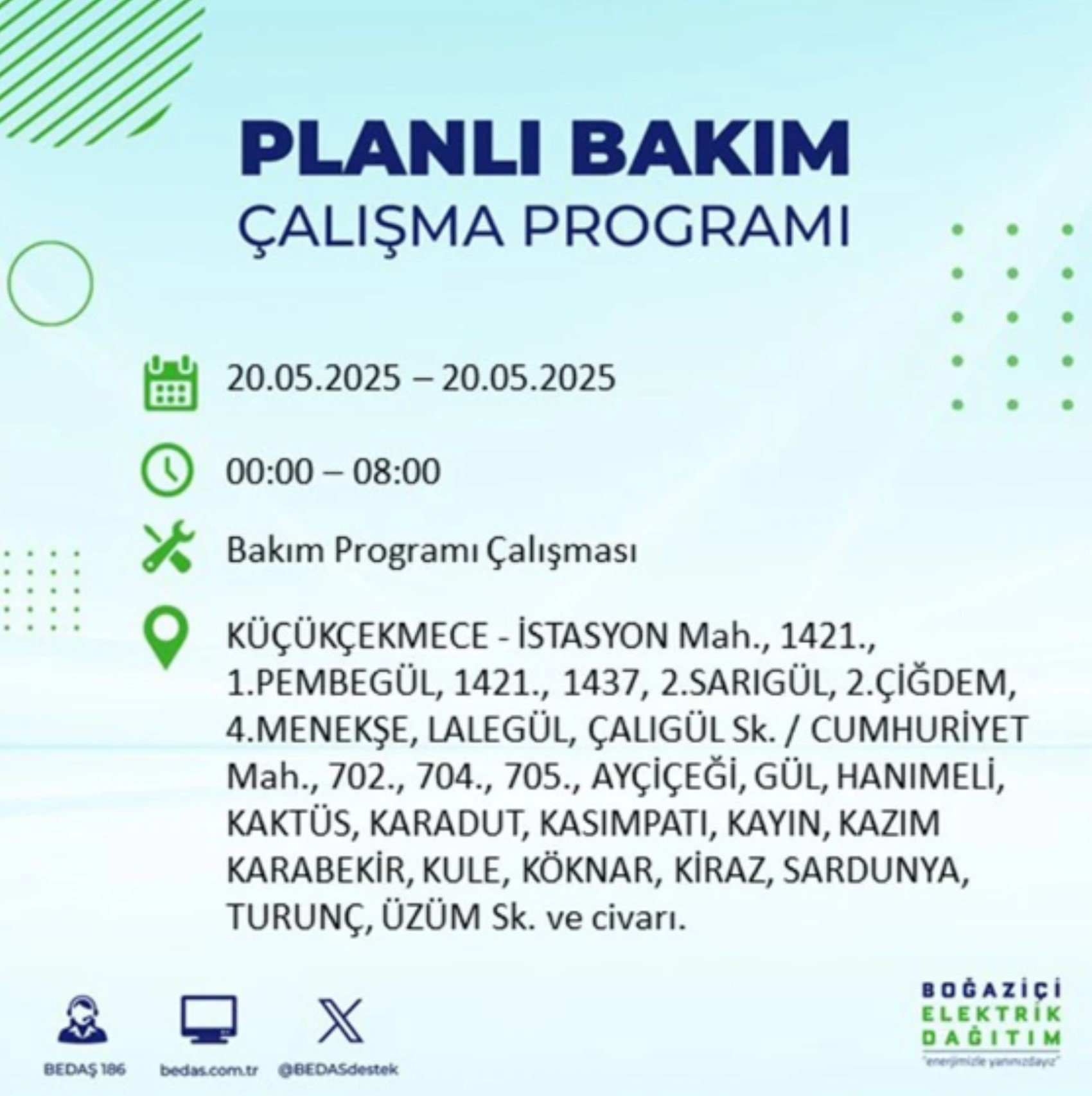 BEDAŞ paylaştı: İstanbul'da 20 Mayıs Salı günü elektrik kesintisi yaşanacak ilçeler
