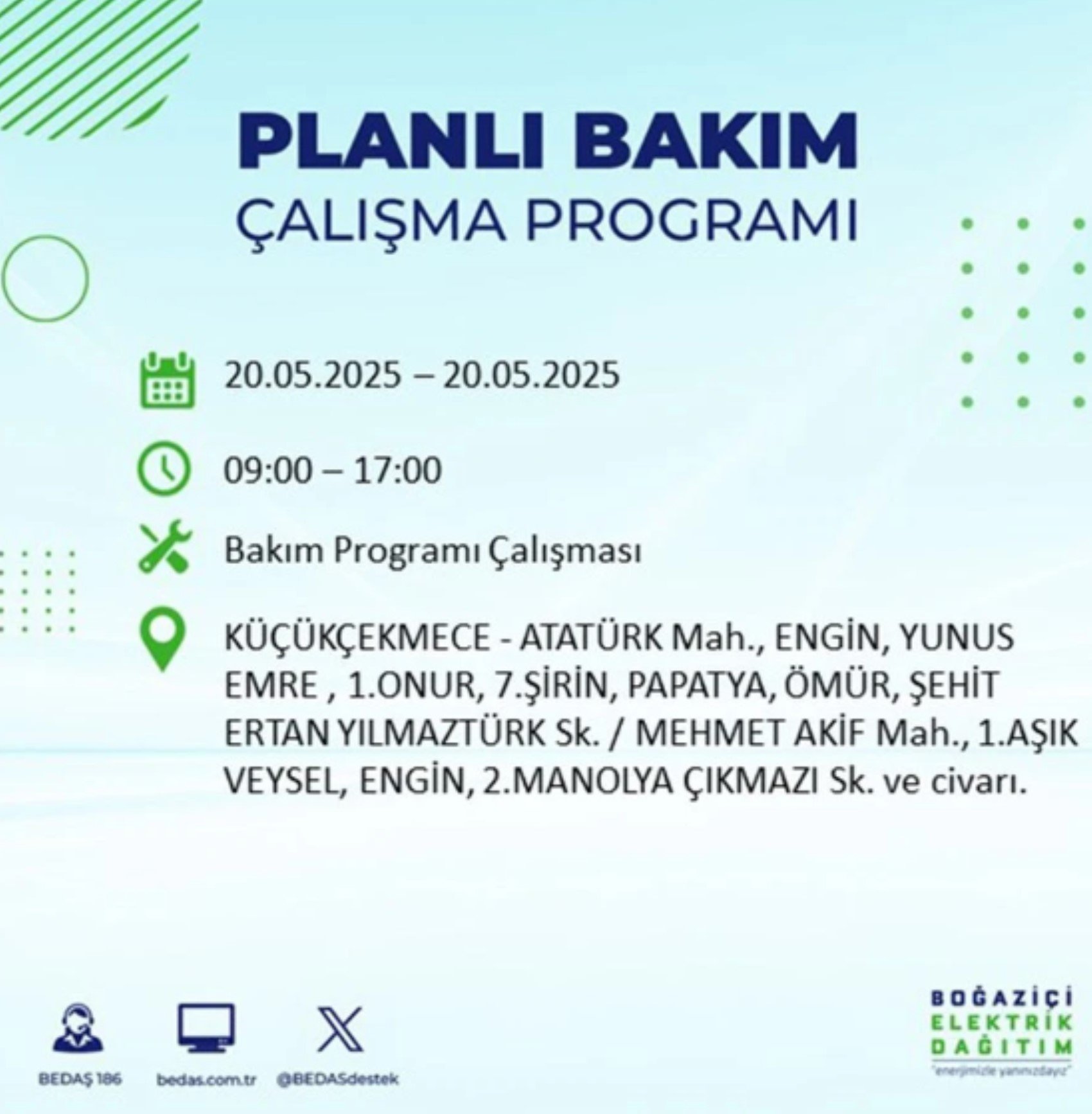 BEDAŞ paylaştı: İstanbul'da 20 Mayıs Salı günü elektrik kesintisi yaşanacak ilçeler