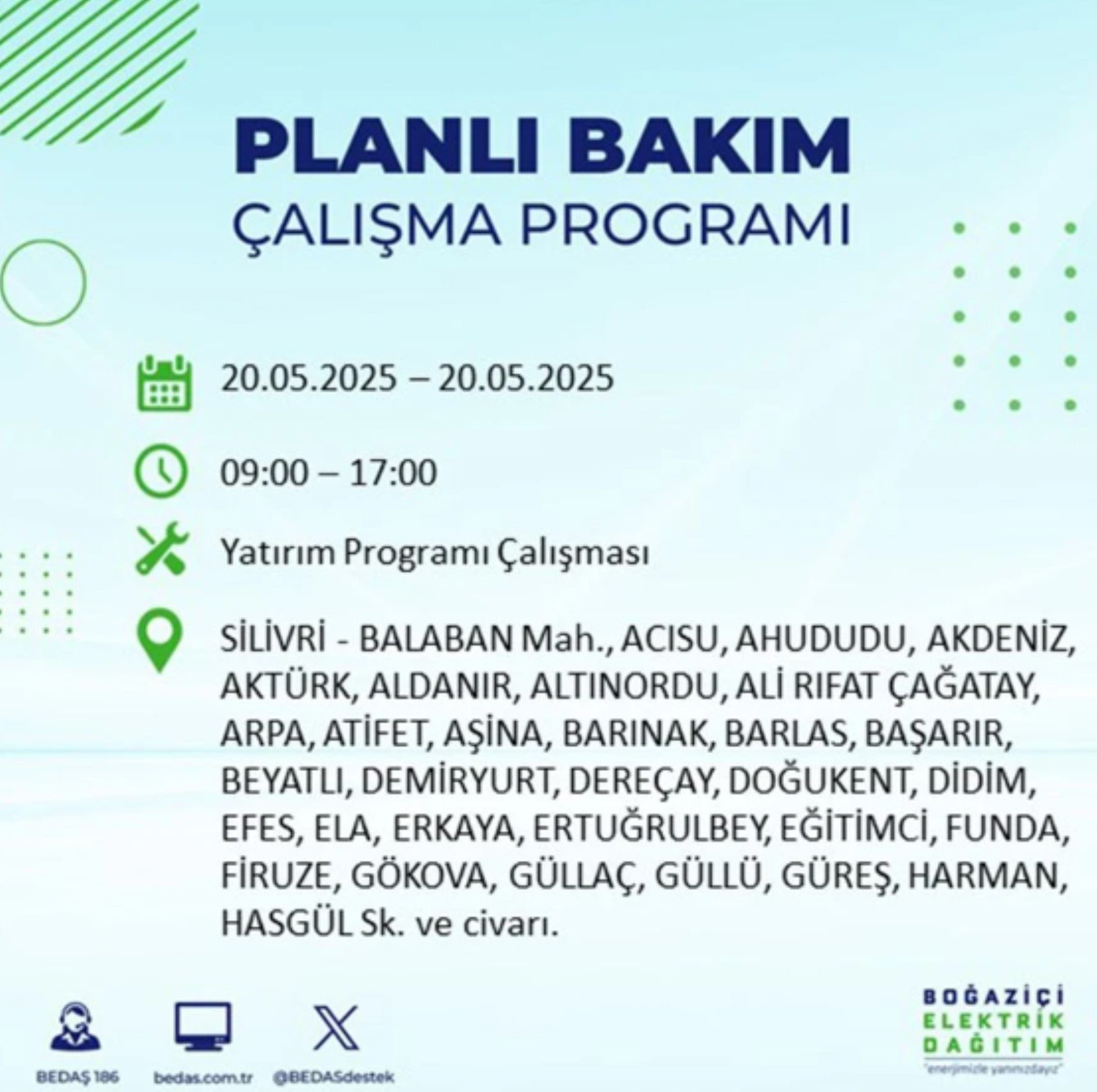 BEDAŞ paylaştı: İstanbul'da 20 Mayıs Salı günü elektrik kesintisi yaşanacak ilçeler