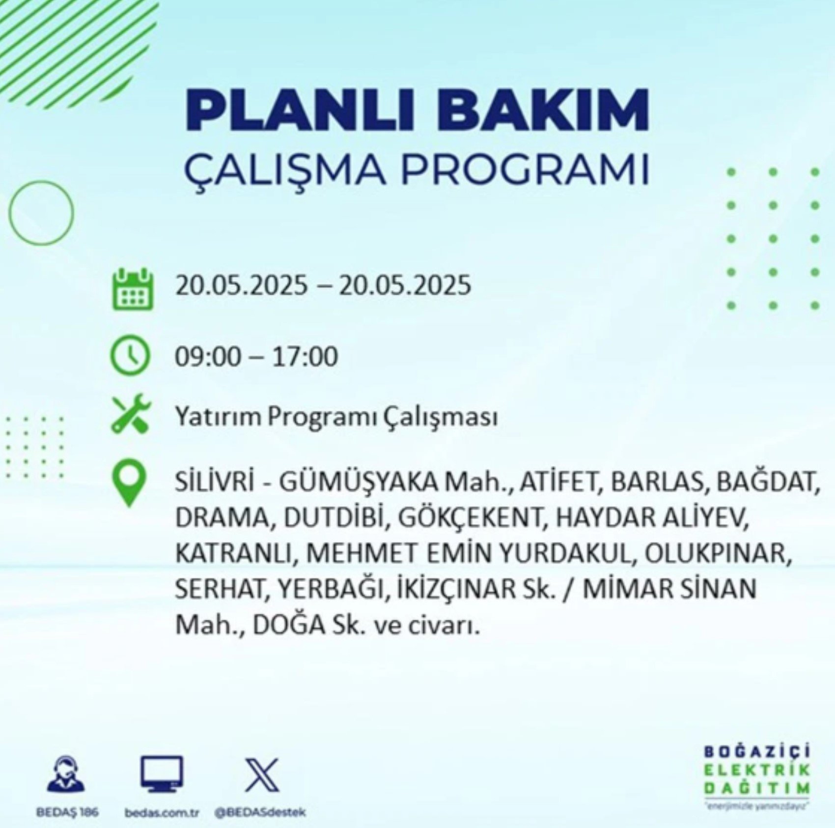BEDAŞ paylaştı: İstanbul'da 20 Mayıs Salı günü elektrik kesintisi yaşanacak ilçeler