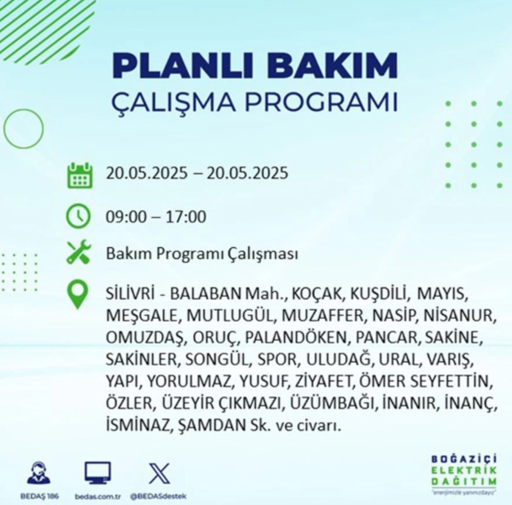 BEDAŞ paylaştı: İstanbul'da 20 Mayıs Salı günü elektrik kesintisi yaşanacak ilçeler