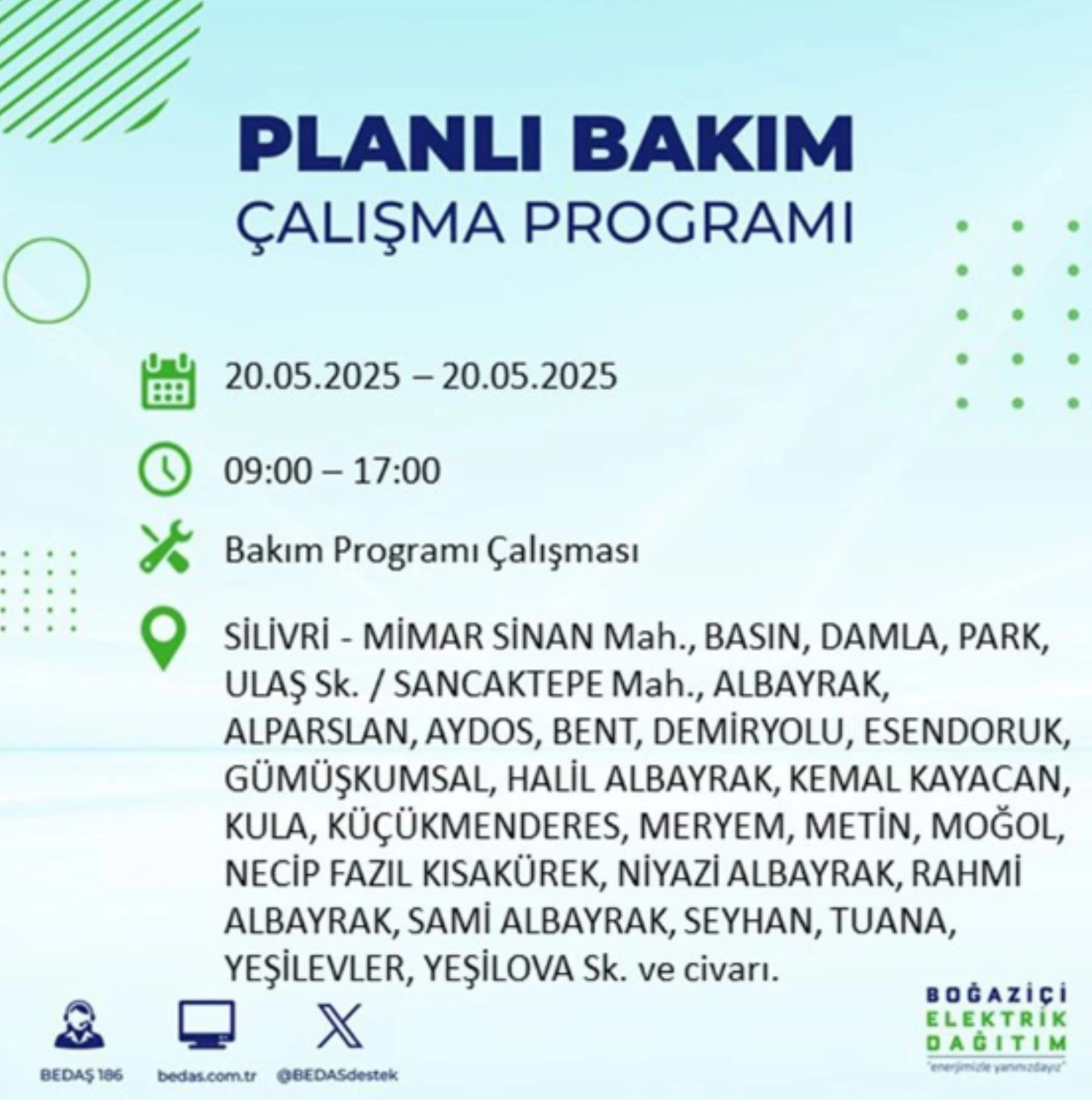 BEDAŞ paylaştı: İstanbul'da 20 Mayıs Salı günü elektrik kesintisi yaşanacak ilçeler