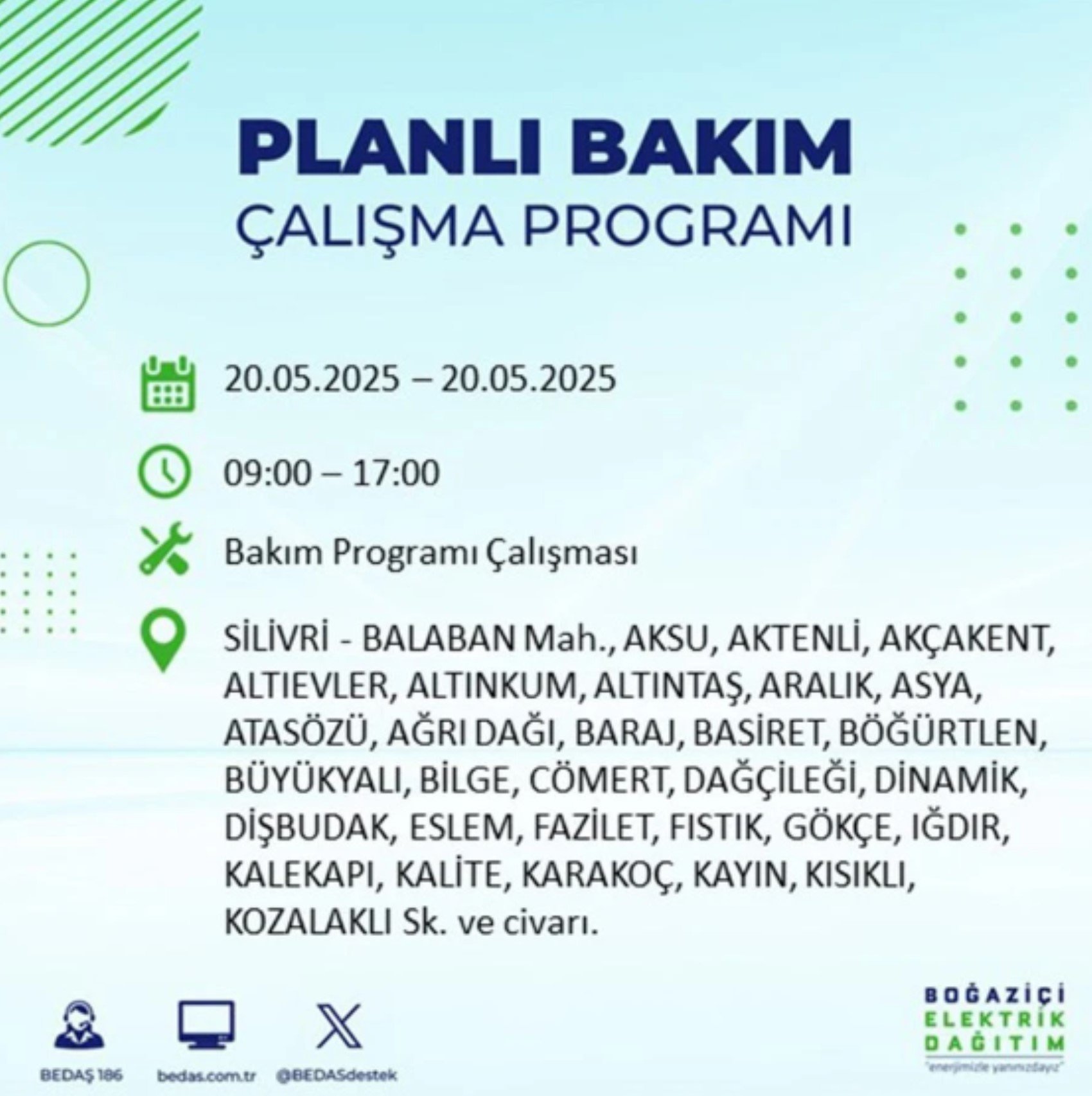 BEDAŞ paylaştı: İstanbul'da 20 Mayıs Salı günü elektrik kesintisi yaşanacak ilçeler