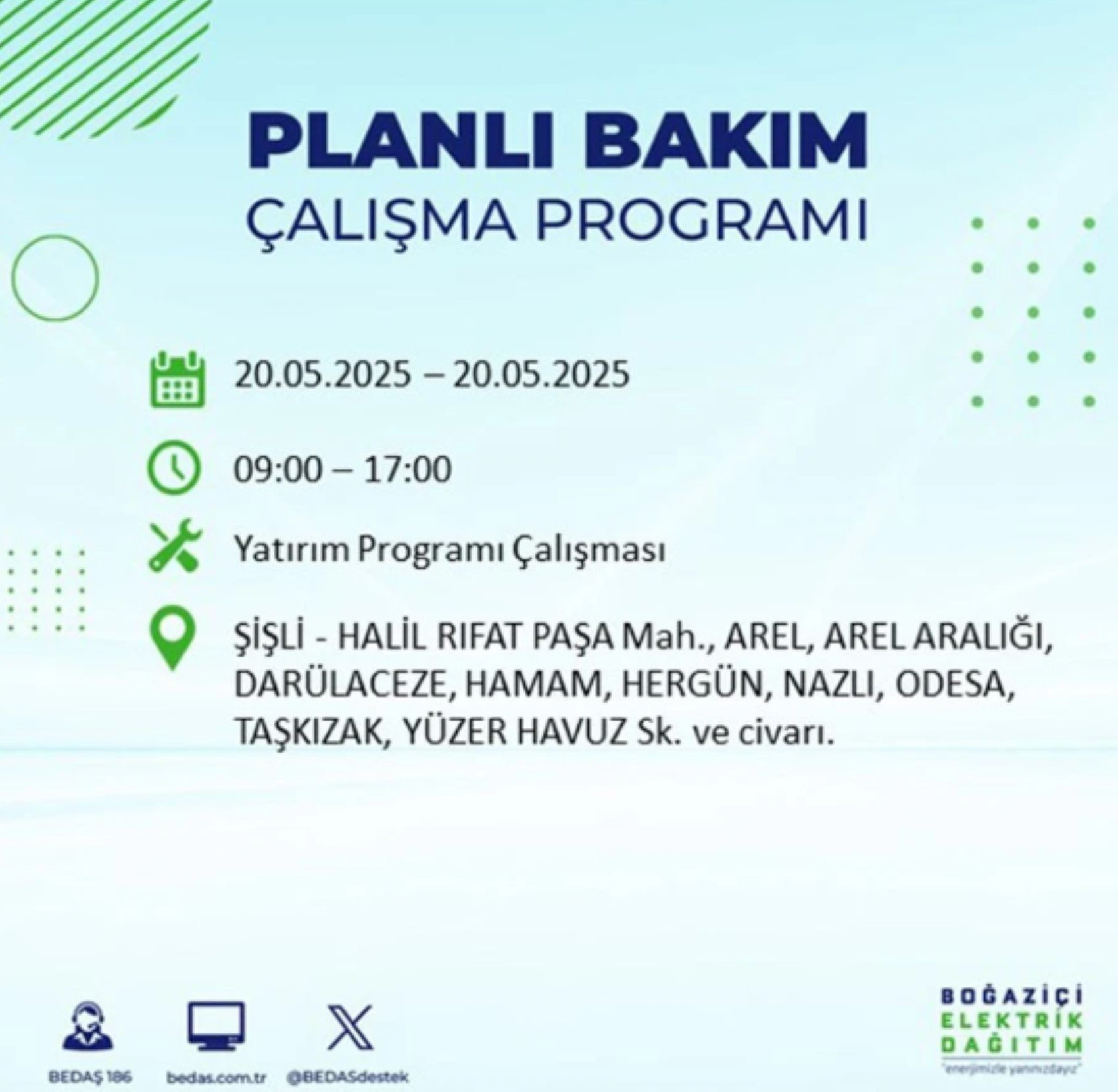 BEDAŞ paylaştı: İstanbul'da 20 Mayıs Salı günü elektrik kesintisi yaşanacak ilçeler