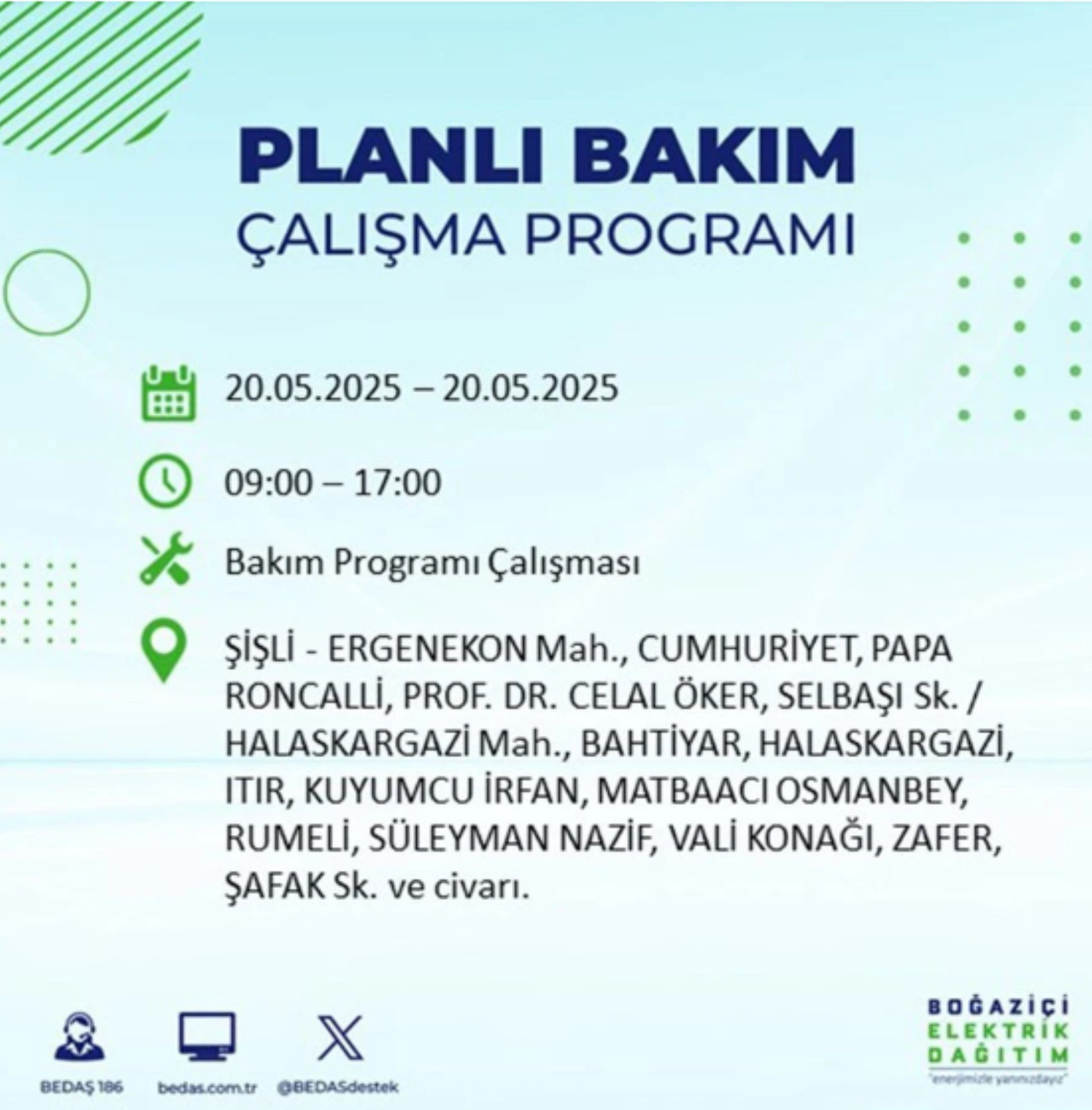 BEDAŞ paylaştı: İstanbul'da 20 Mayıs Salı günü elektrik kesintisi yaşanacak ilçeler