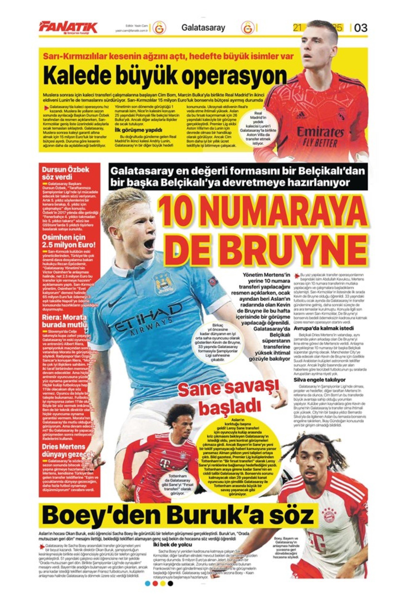 Sporda günün manşetleri... Transferde Leroy Sane yarışı: 10 numaraya De Bruyne