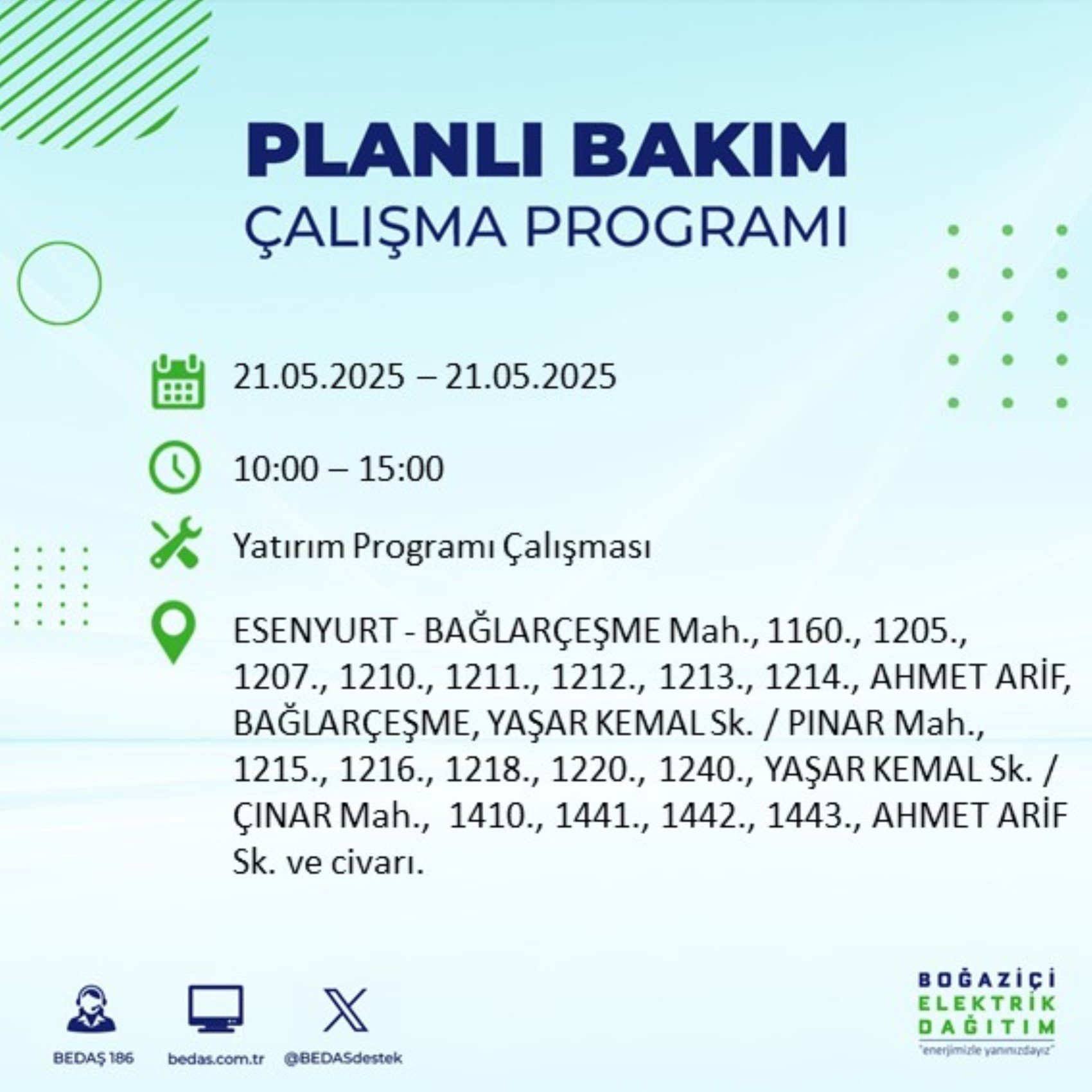 BEDAŞ paylaştı: İstanbul'da 21 Mayıs Çarşamba günü elektrik kesintisi yaşanacak ilçeler