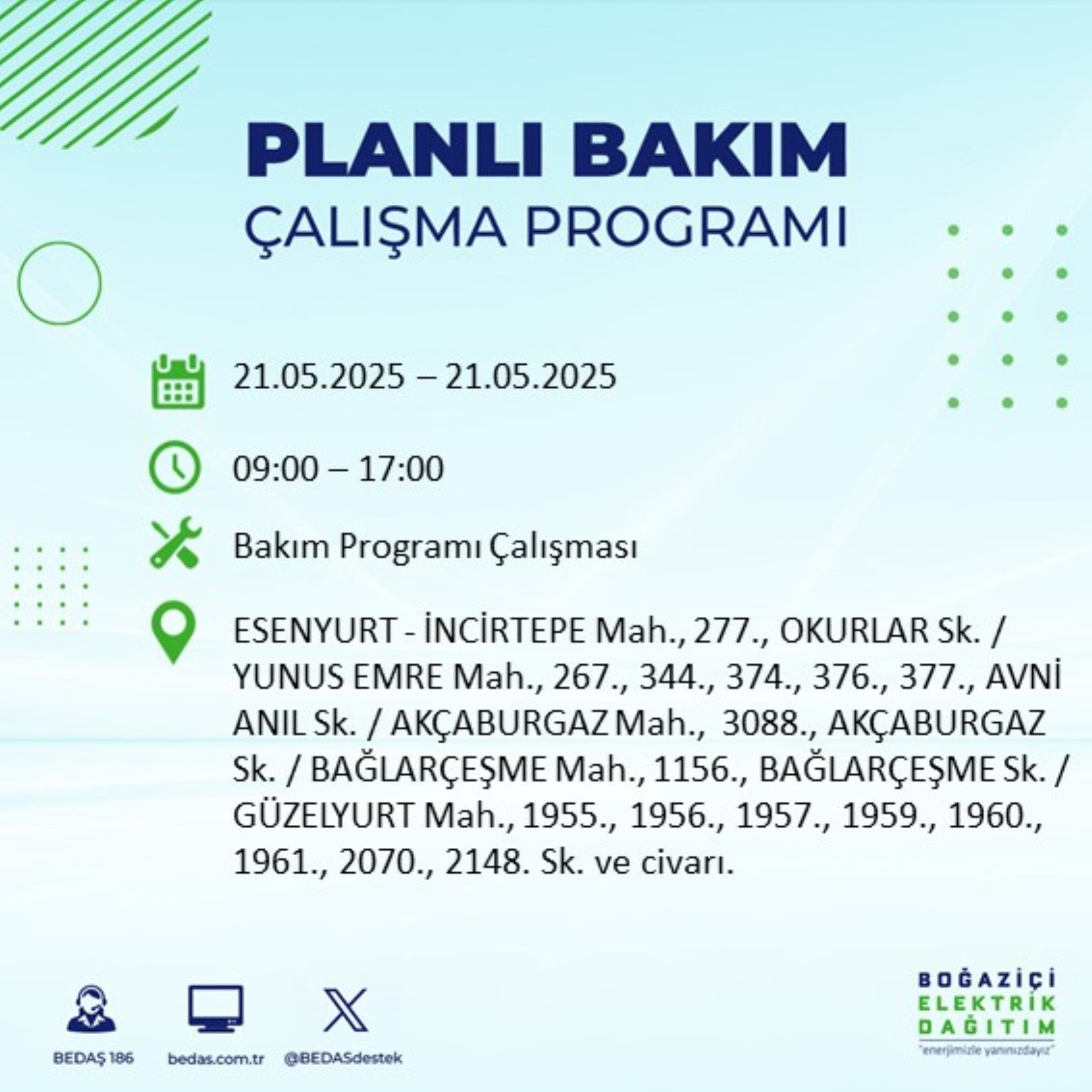 BEDAŞ paylaştı: İstanbul'da 21 Mayıs Çarşamba günü elektrik kesintisi yaşanacak ilçeler