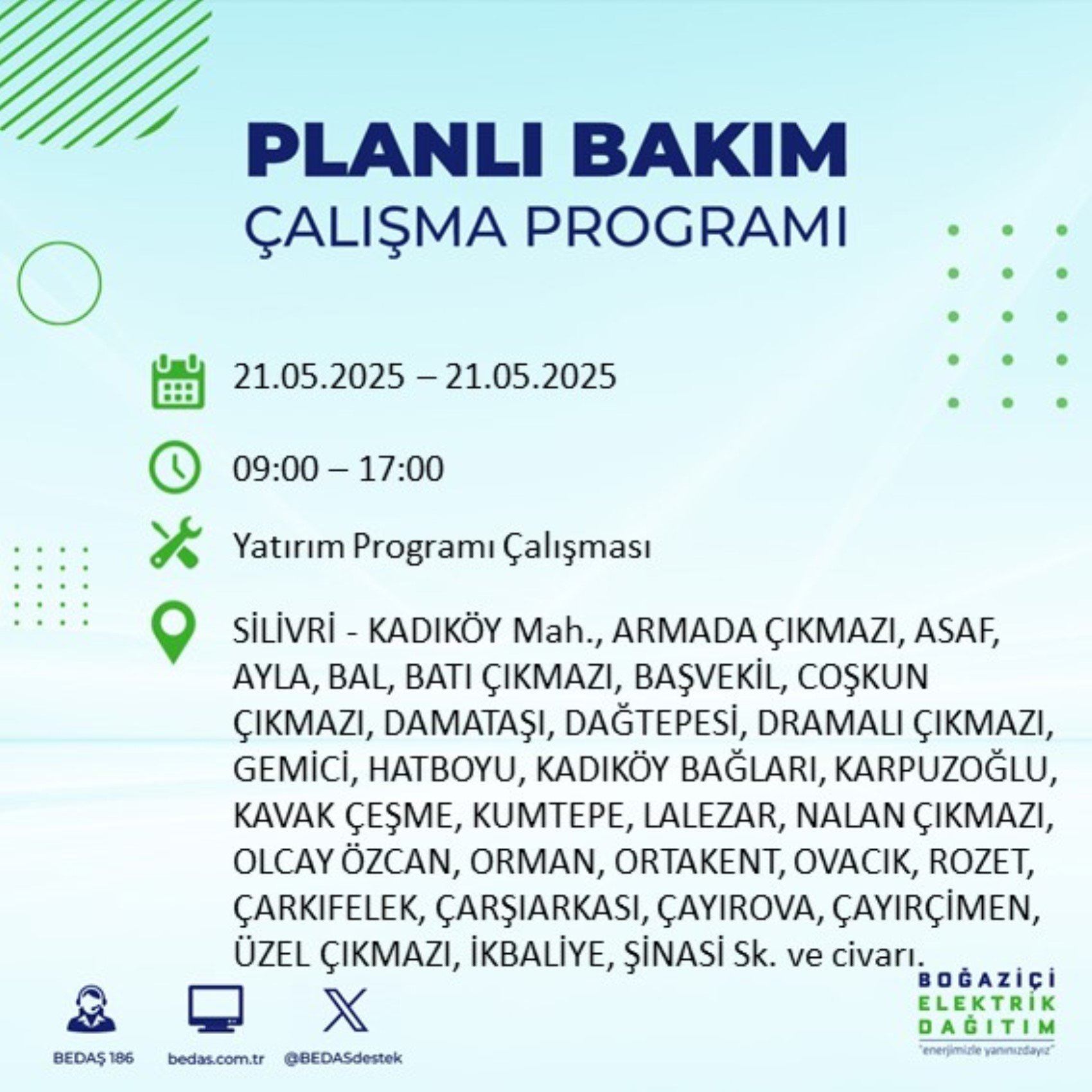 BEDAŞ paylaştı: İstanbul'da 21 Mayıs Çarşamba günü elektrik kesintisi yaşanacak ilçeler