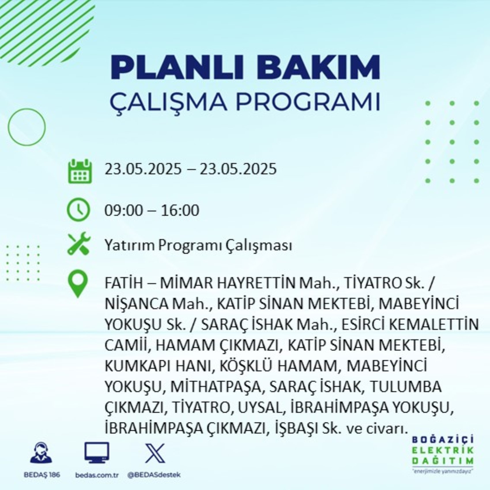 BEDAŞ paylaştı: İstanbul'da 23 Mayıs Cuma günü elektrik kesintisi yaşanacak ilçeler