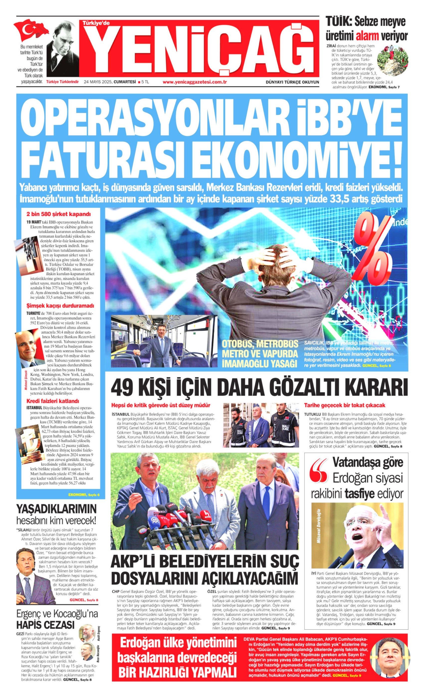 24 Mayıs 2025 gazete manşetleri: Operasyonlar İBB’ye faturası ekonomiye