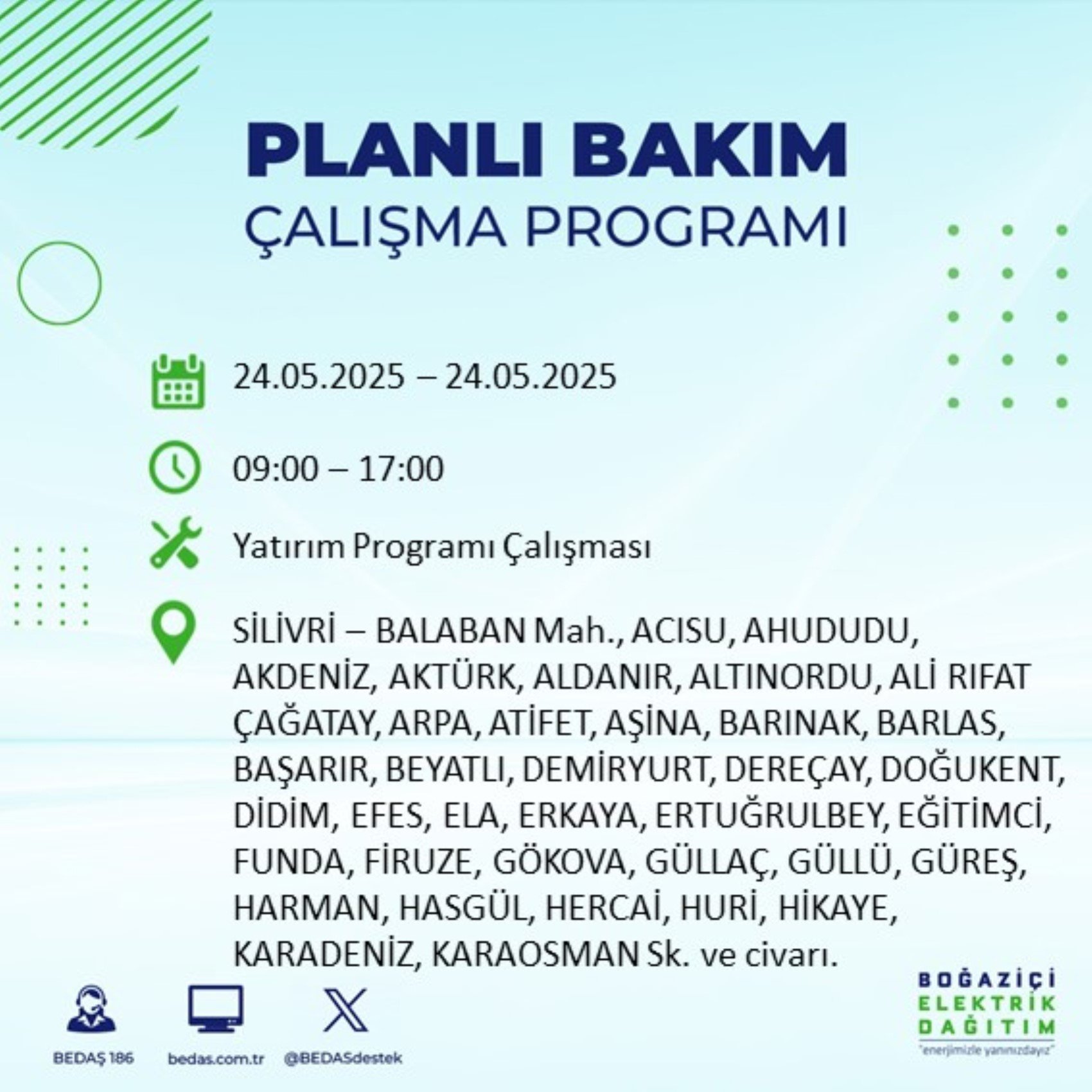 BEDAŞ paylaştı: İstanbul'da 24 Mayıs Cumartesi günü elektrik kesintisi yaşanacak ilçeler