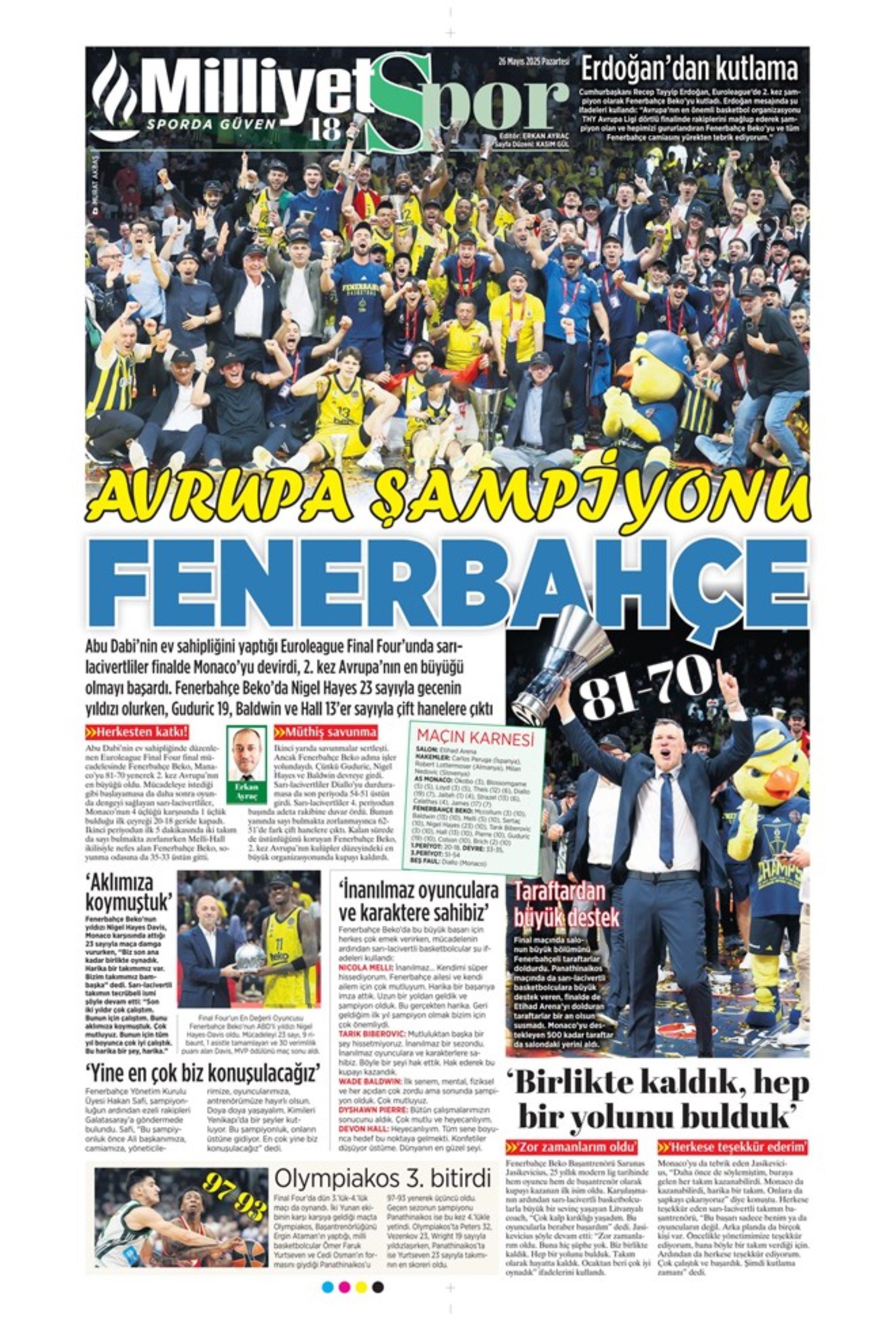 Sporda günün manşetleri: Fenerbahçe ve Galatasaray'da şampiyonluk coşkusu