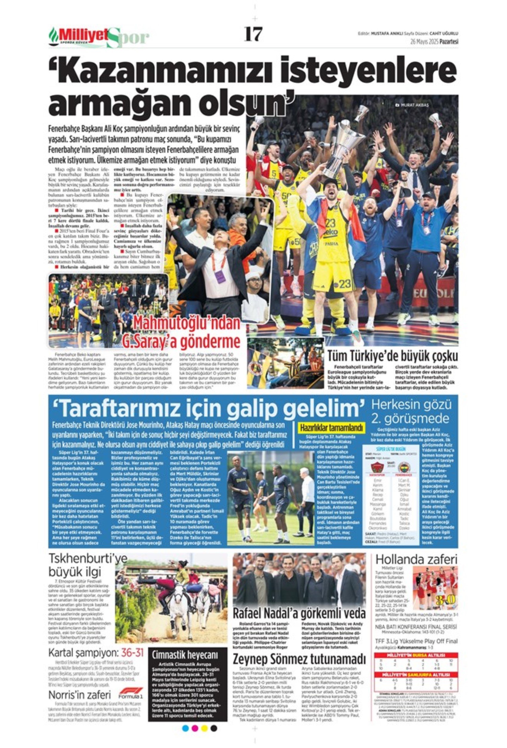 Sporda günün manşetleri: Fenerbahçe ve Galatasaray'da şampiyonluk coşkusu