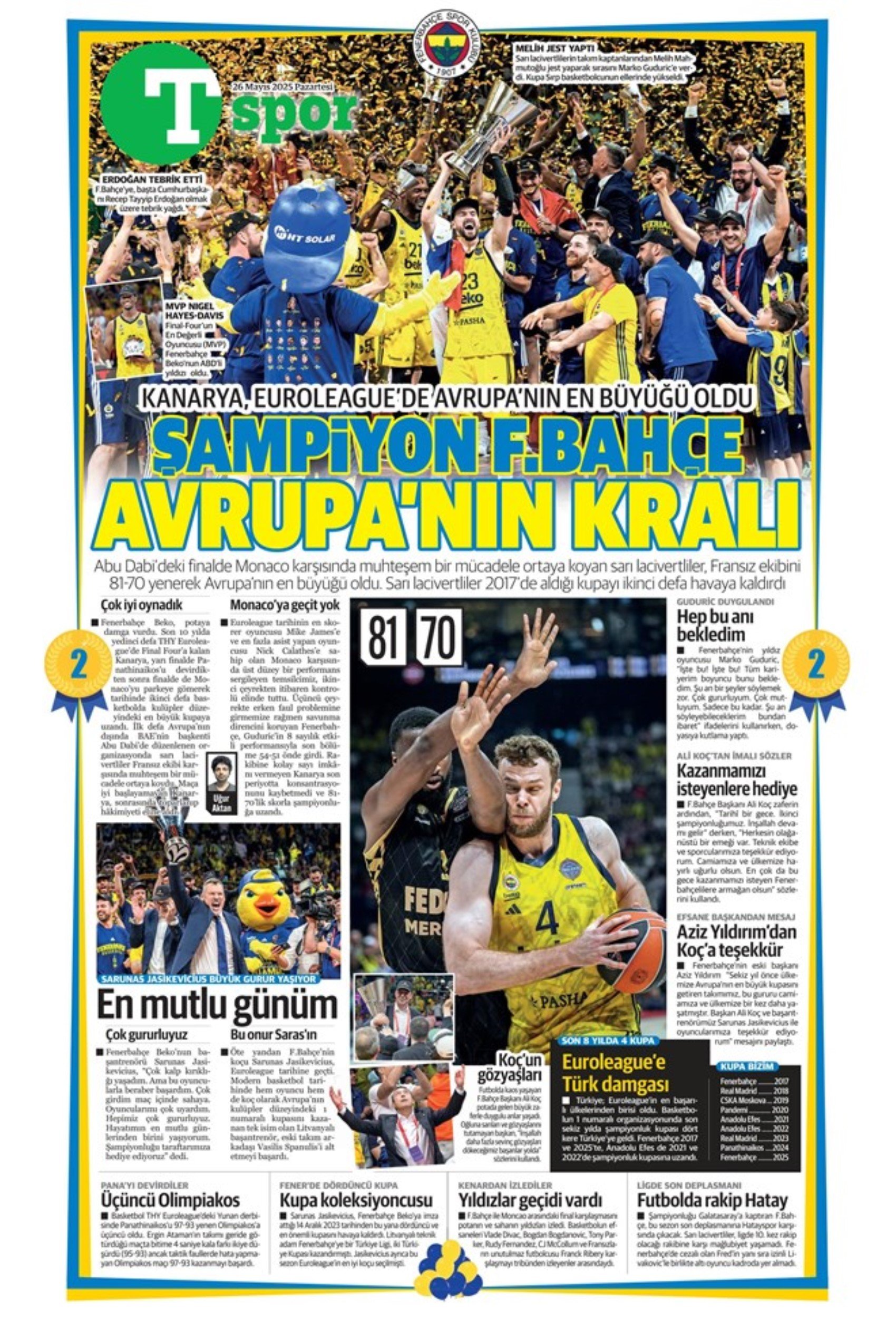 Sporda günün manşetleri: Fenerbahçe ve Galatasaray'da şampiyonluk coşkusu