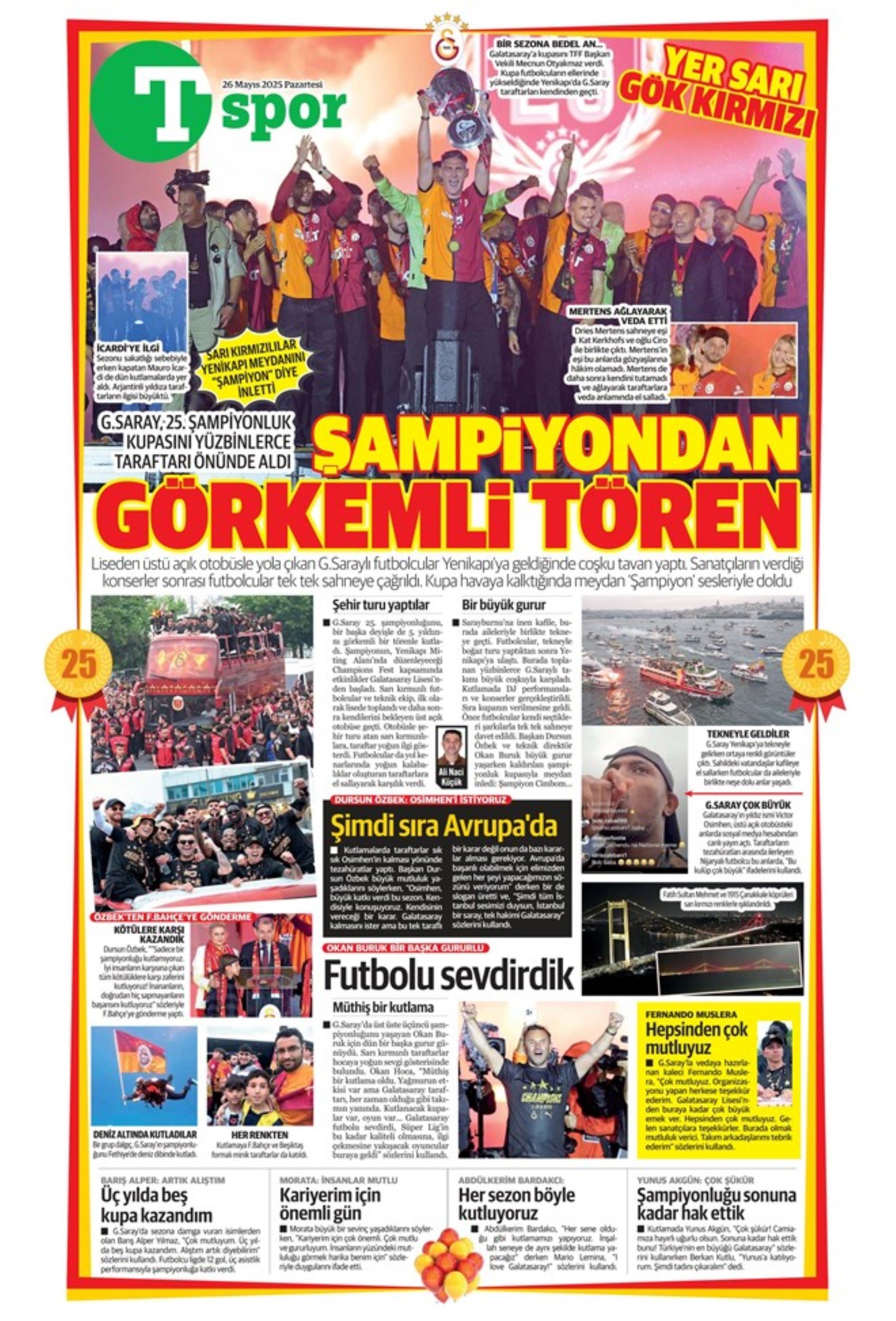 Sporda günün manşetleri: Fenerbahçe ve Galatasaray'da şampiyonluk coşkusu