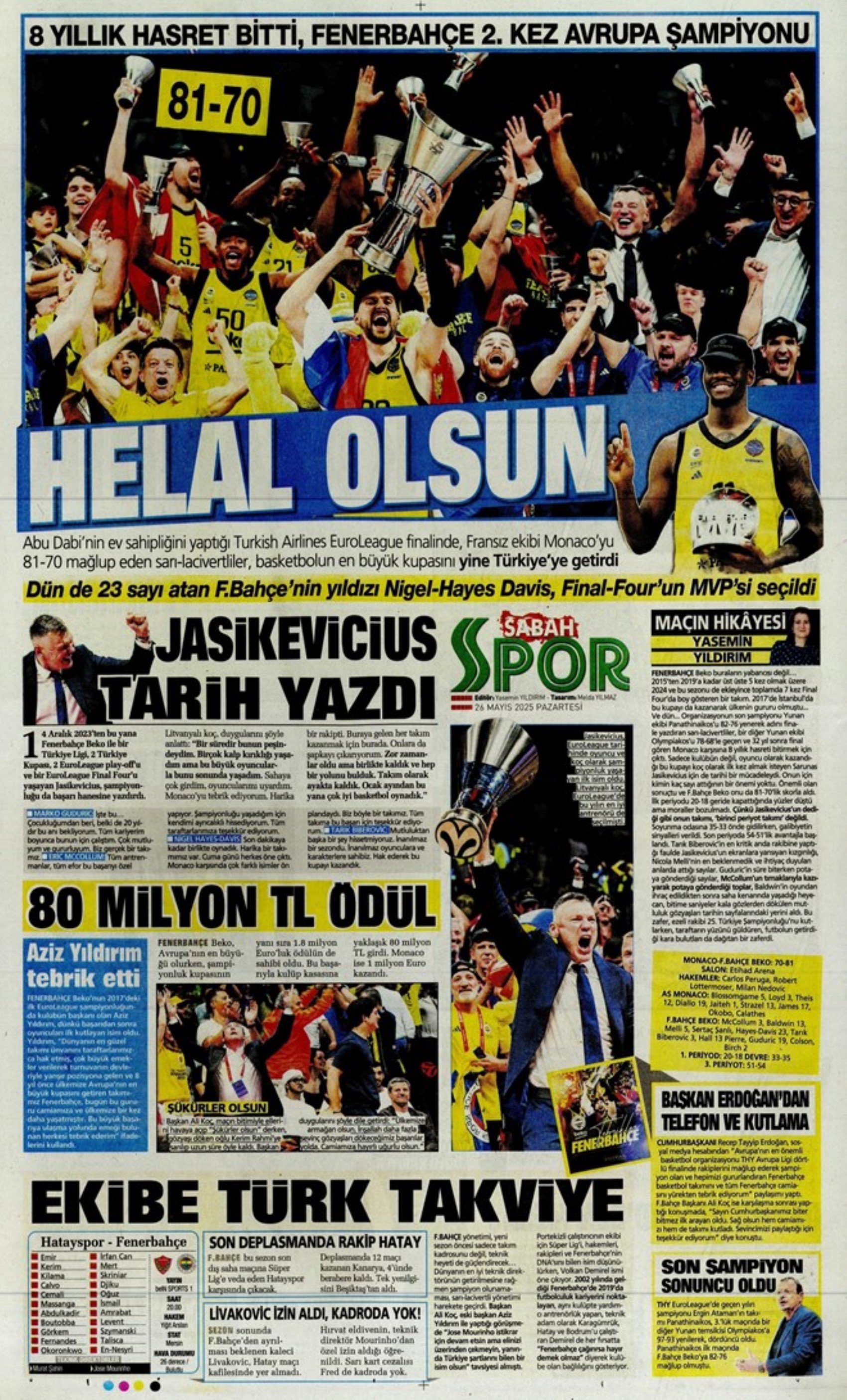 Sporda günün manşetleri: Fenerbahçe ve Galatasaray'da şampiyonluk coşkusu