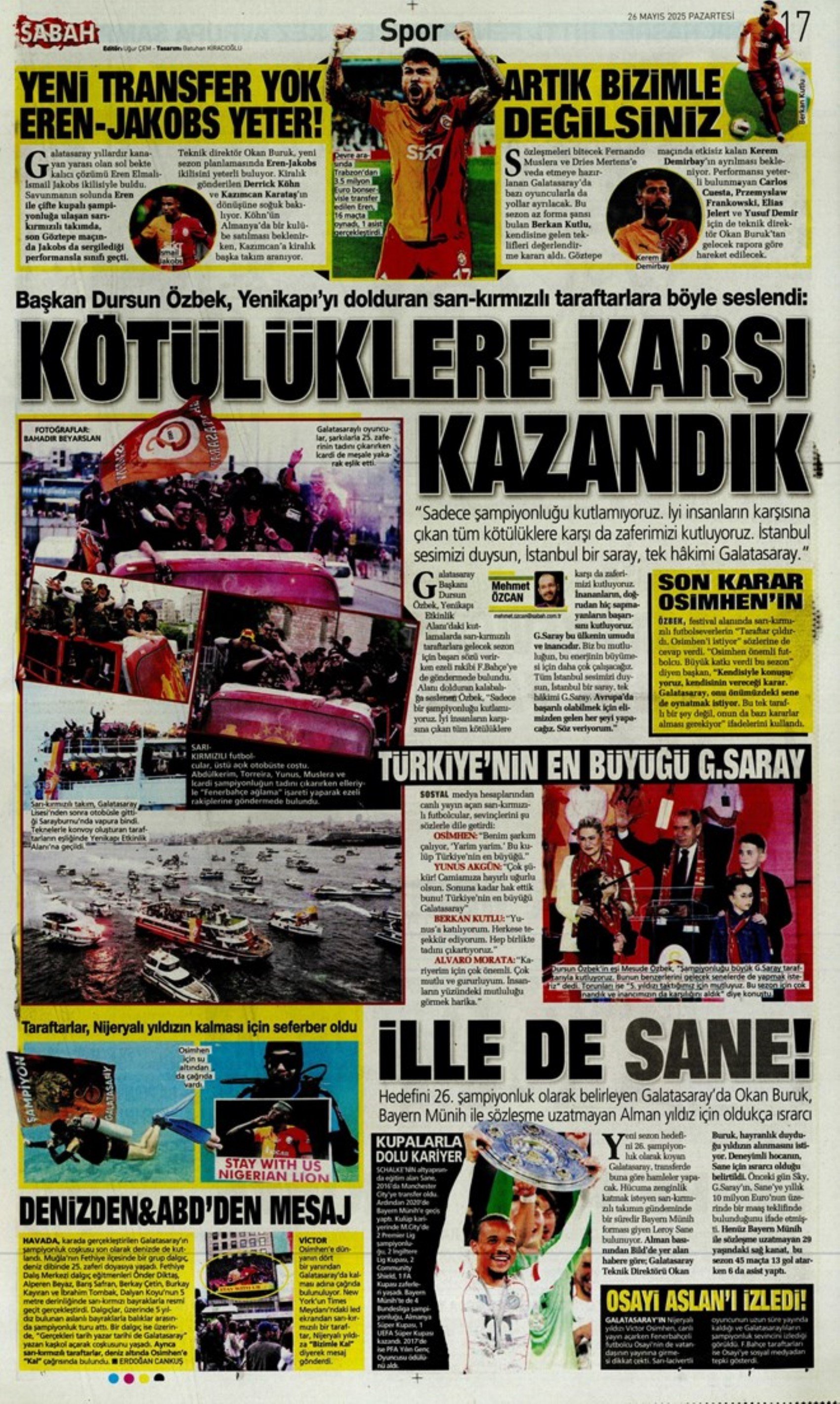 Sporda günün manşetleri: Fenerbahçe ve Galatasaray'da şampiyonluk coşkusu