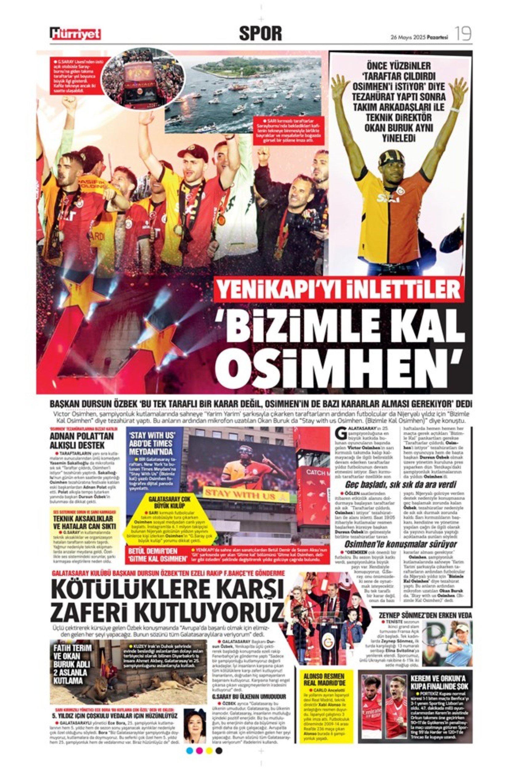 Sporda günün manşetleri: Fenerbahçe ve Galatasaray'da şampiyonluk coşkusu