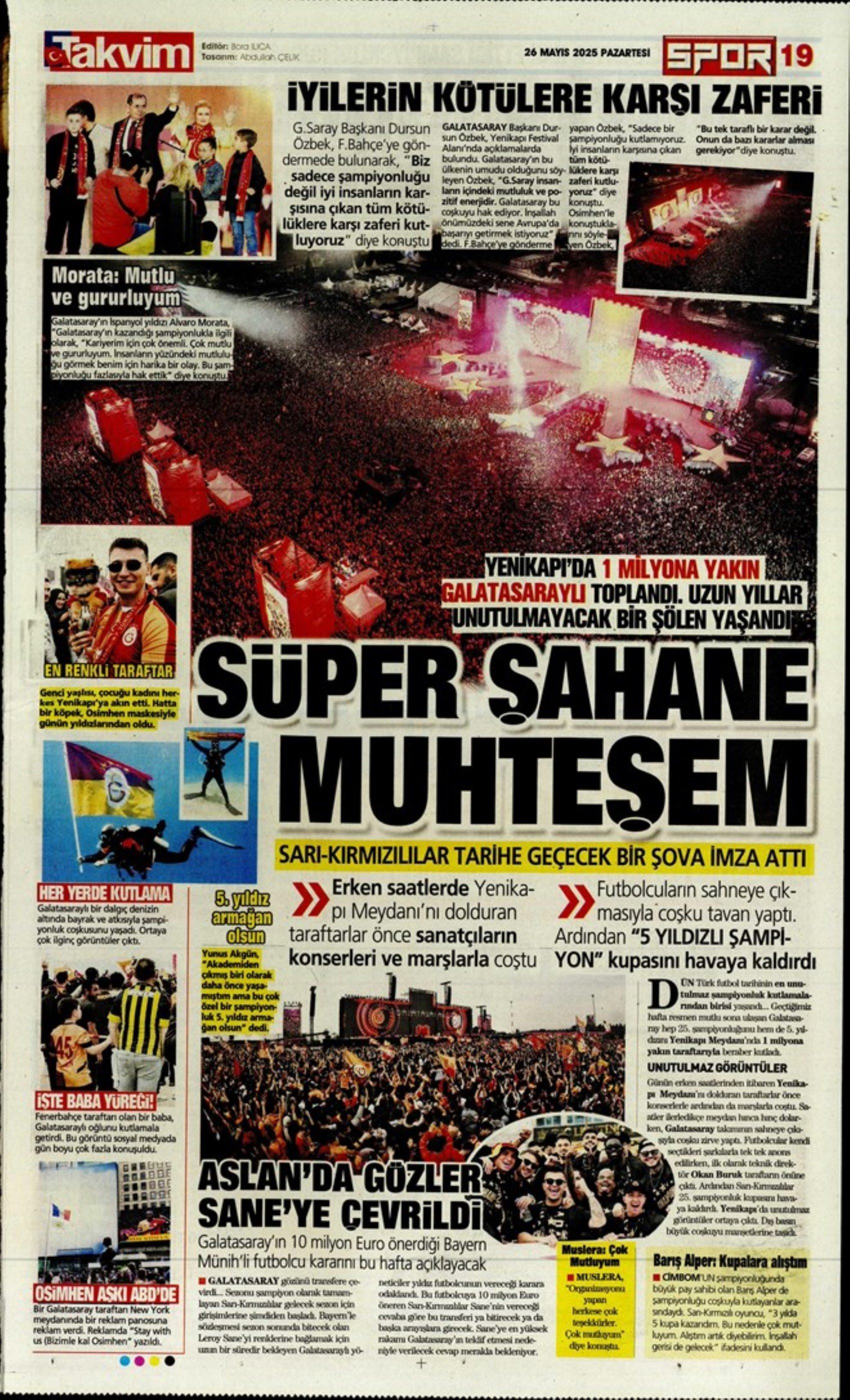 Sporda günün manşetleri: Fenerbahçe ve Galatasaray'da şampiyonluk coşkusu