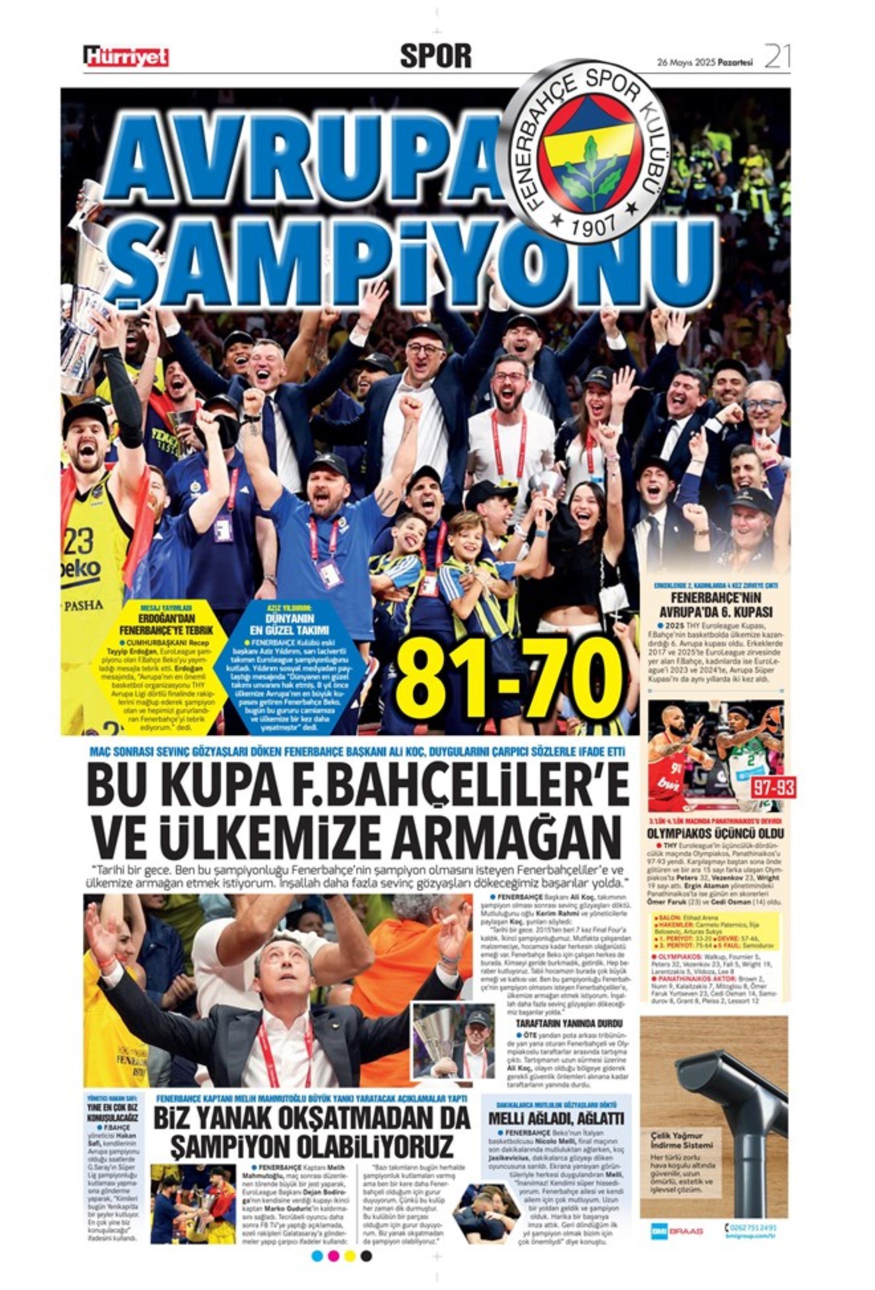 Sporda günün manşetleri: Fenerbahçe ve Galatasaray'da şampiyonluk coşkusu