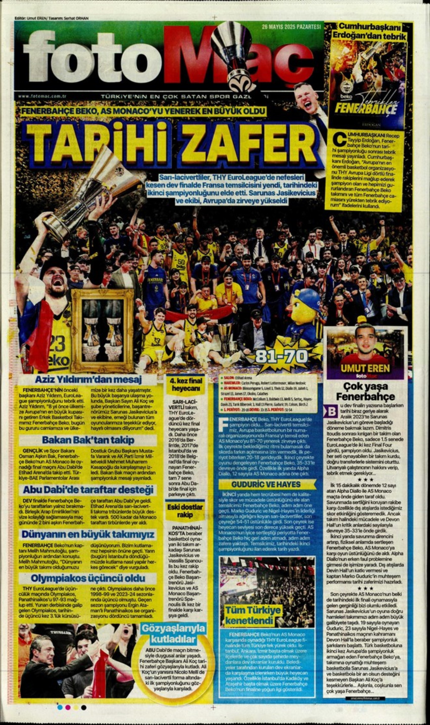 Sporda günün manşetleri: Fenerbahçe ve Galatasaray'da şampiyonluk coşkusu