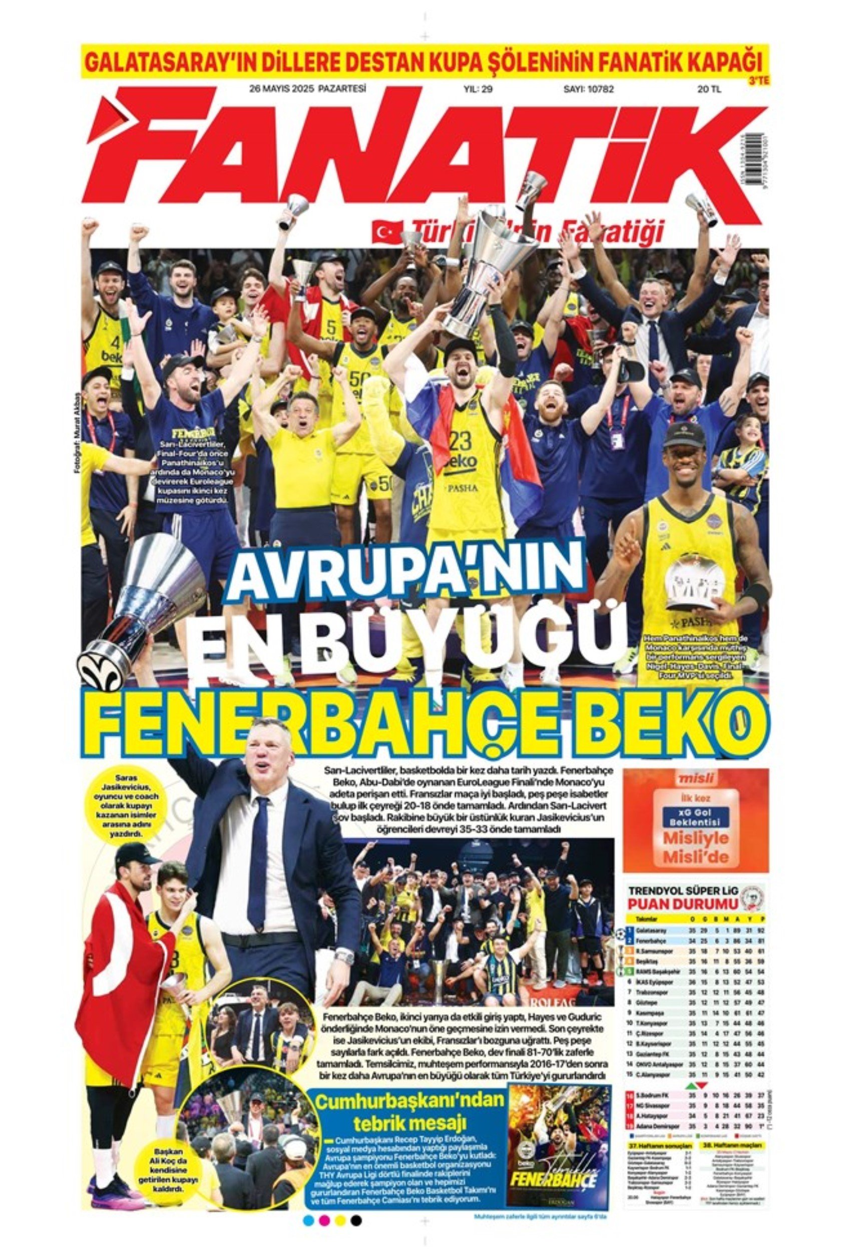 Sporda günün manşetleri: Fenerbahçe ve Galatasaray'da şampiyonluk coşkusu