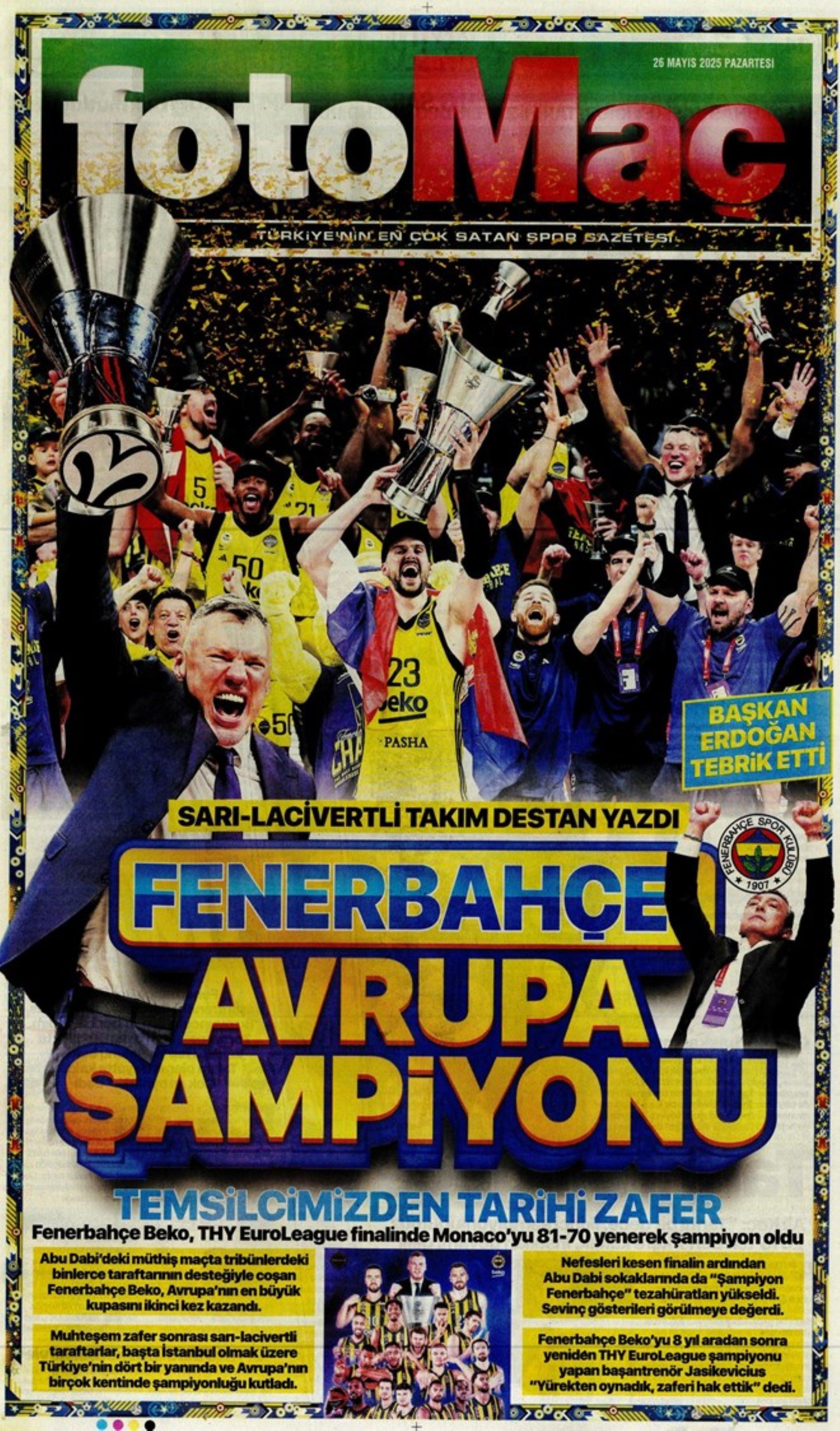 Sporda günün manşetleri: Fenerbahçe ve Galatasaray'da şampiyonluk coşkusu