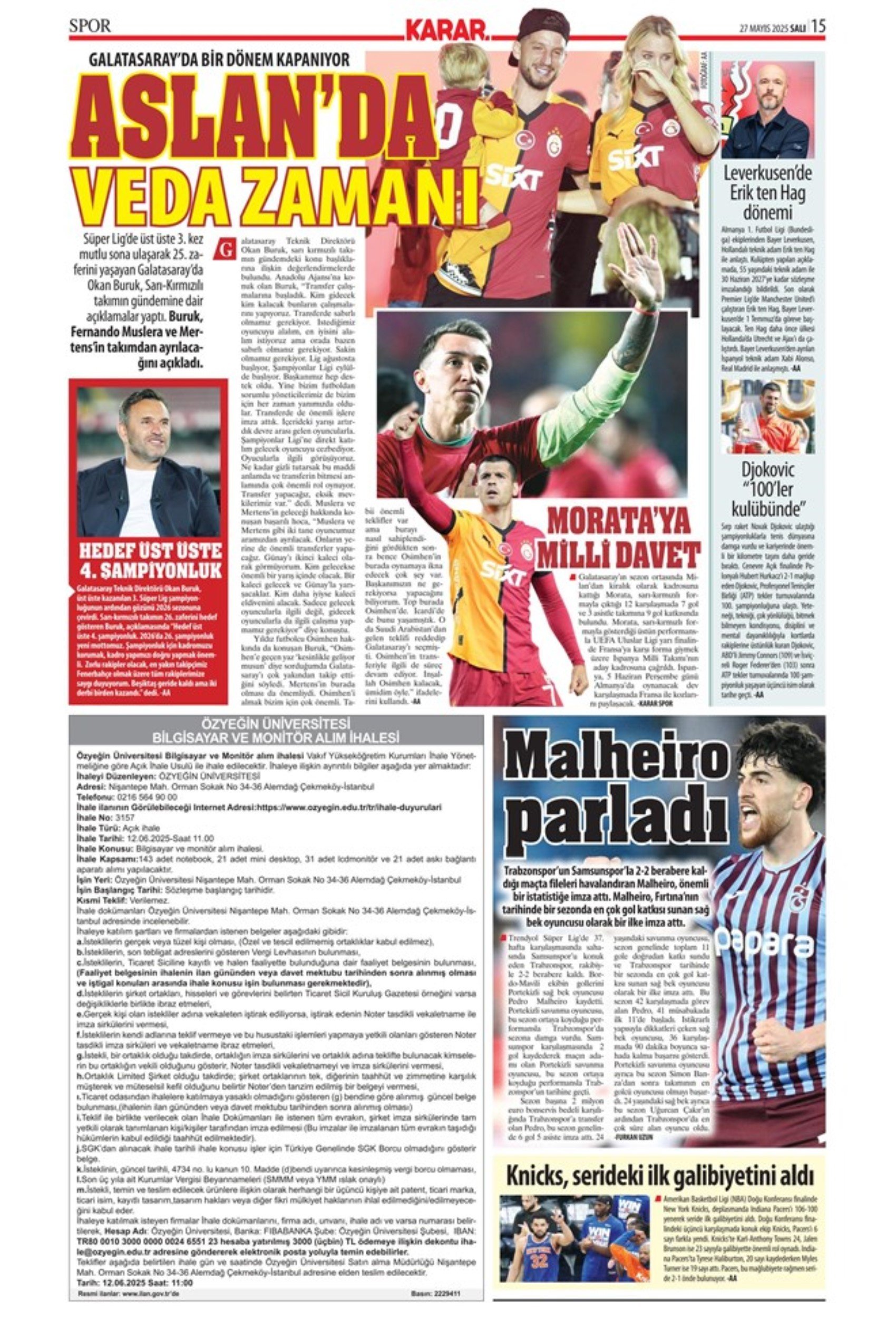 Sporda günün manşetleri: 'Mourinho galiba gidici'