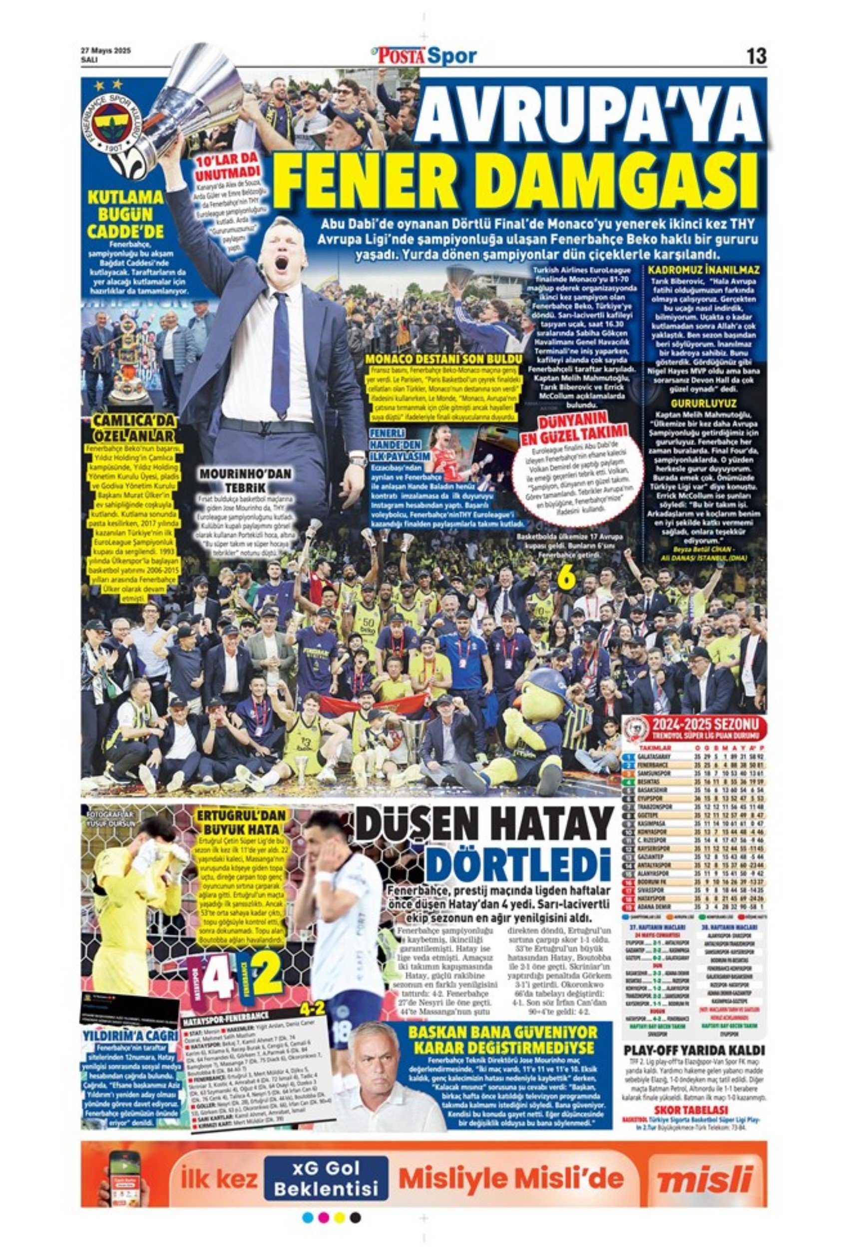 Sporda günün manşetleri: 'Mourinho galiba gidici'