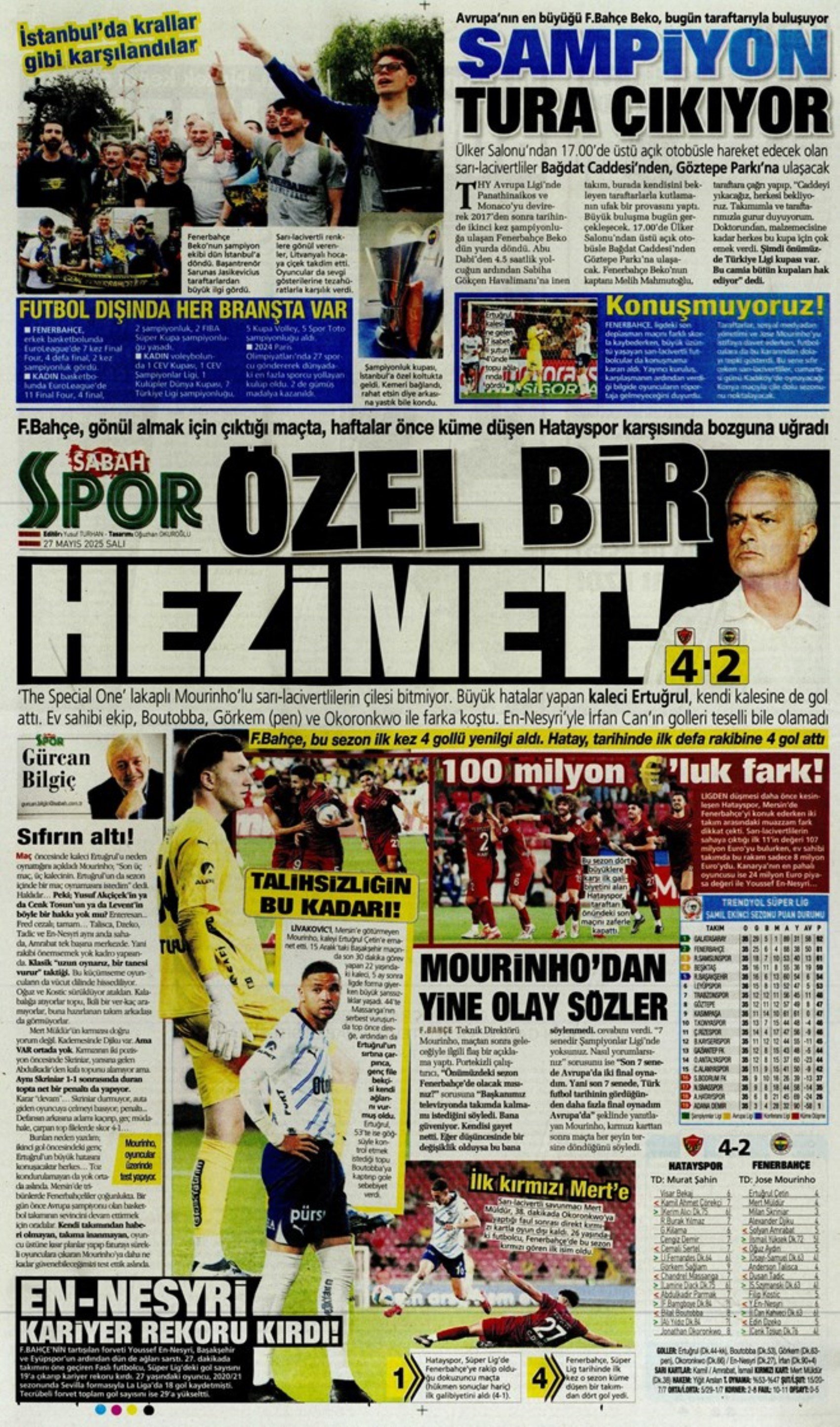 Sporda günün manşetleri: 'Mourinho galiba gidici'