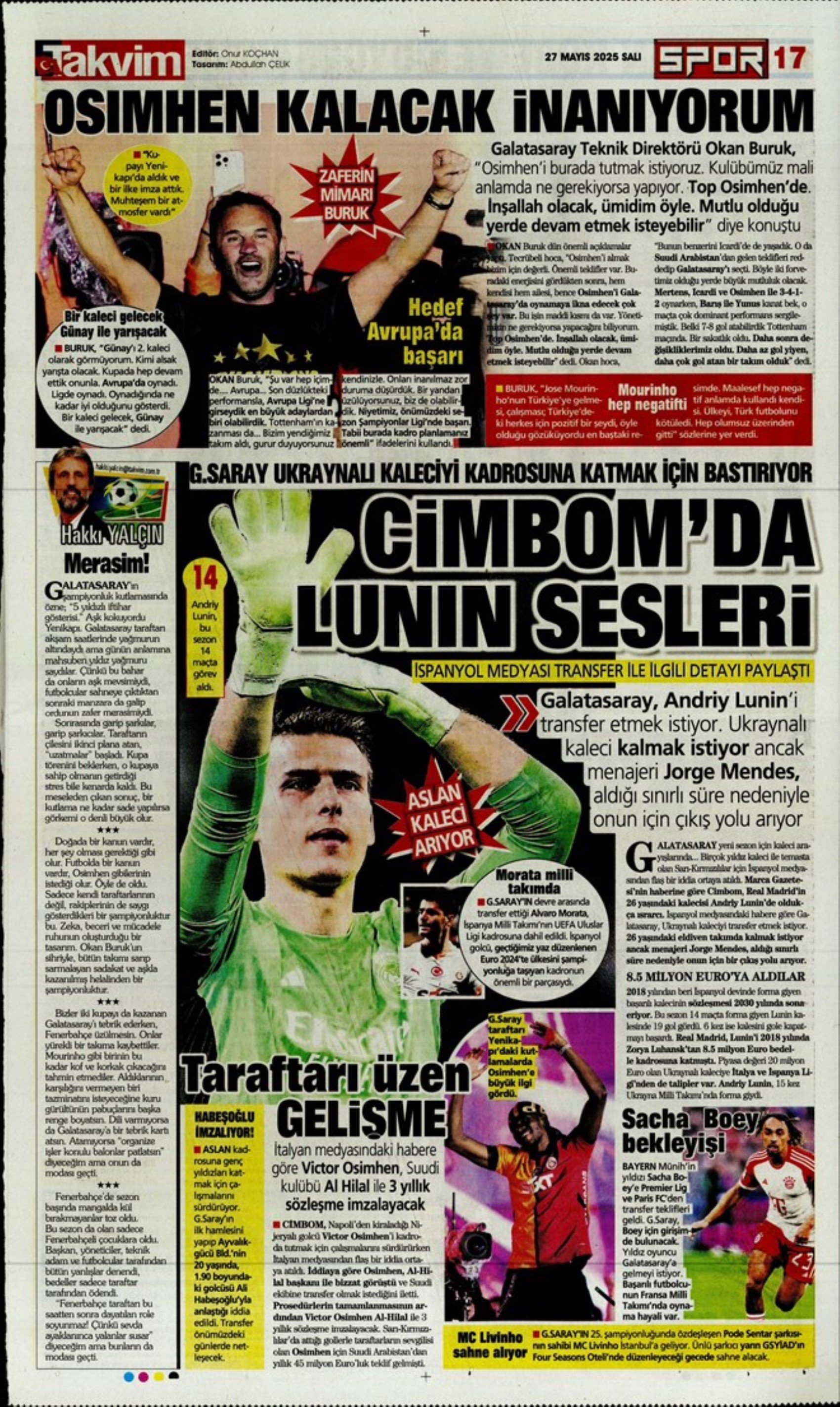 Sporda günün manşetleri: 'Mourinho galiba gidici'