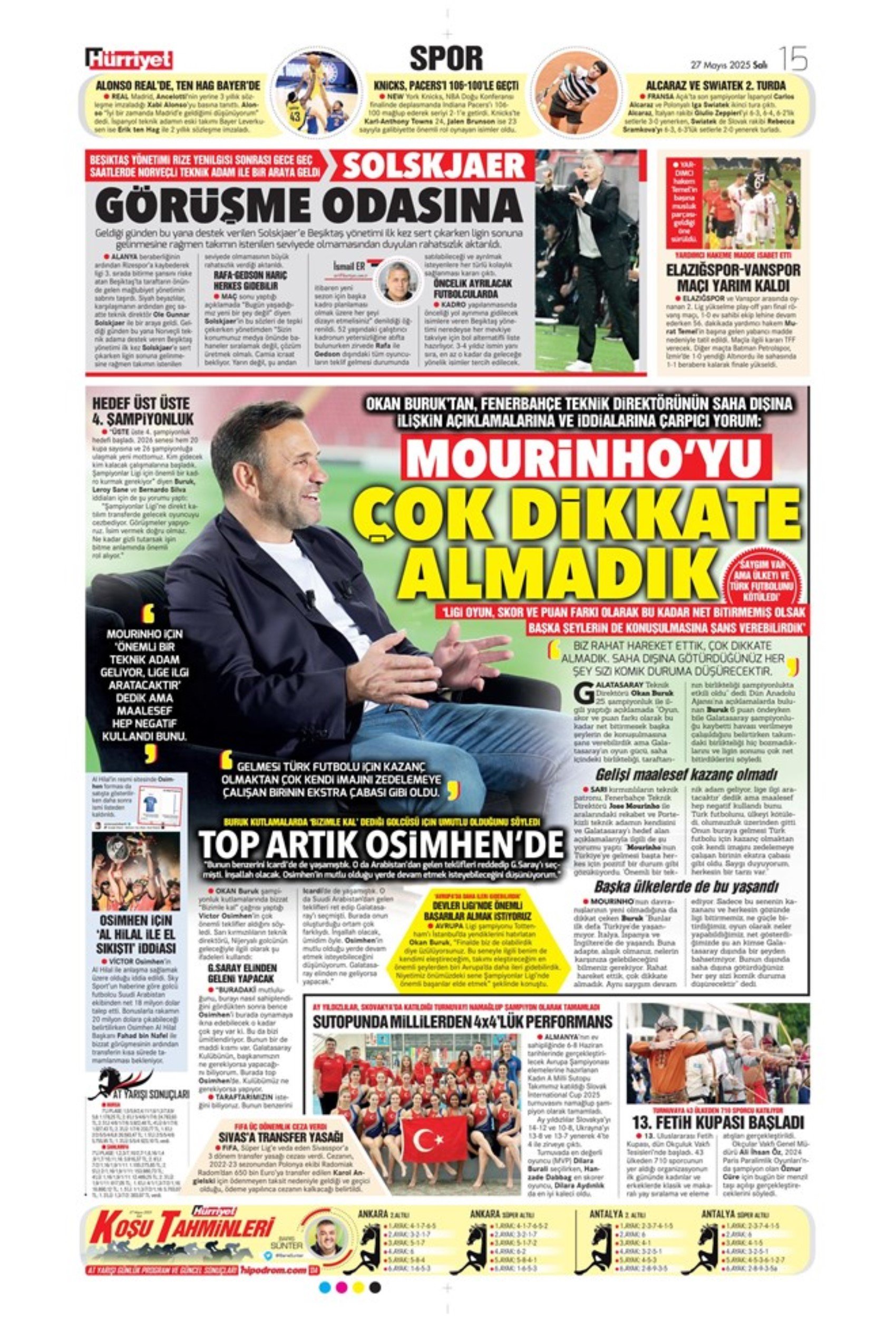 Sporda günün manşetleri: 'Mourinho galiba gidici'