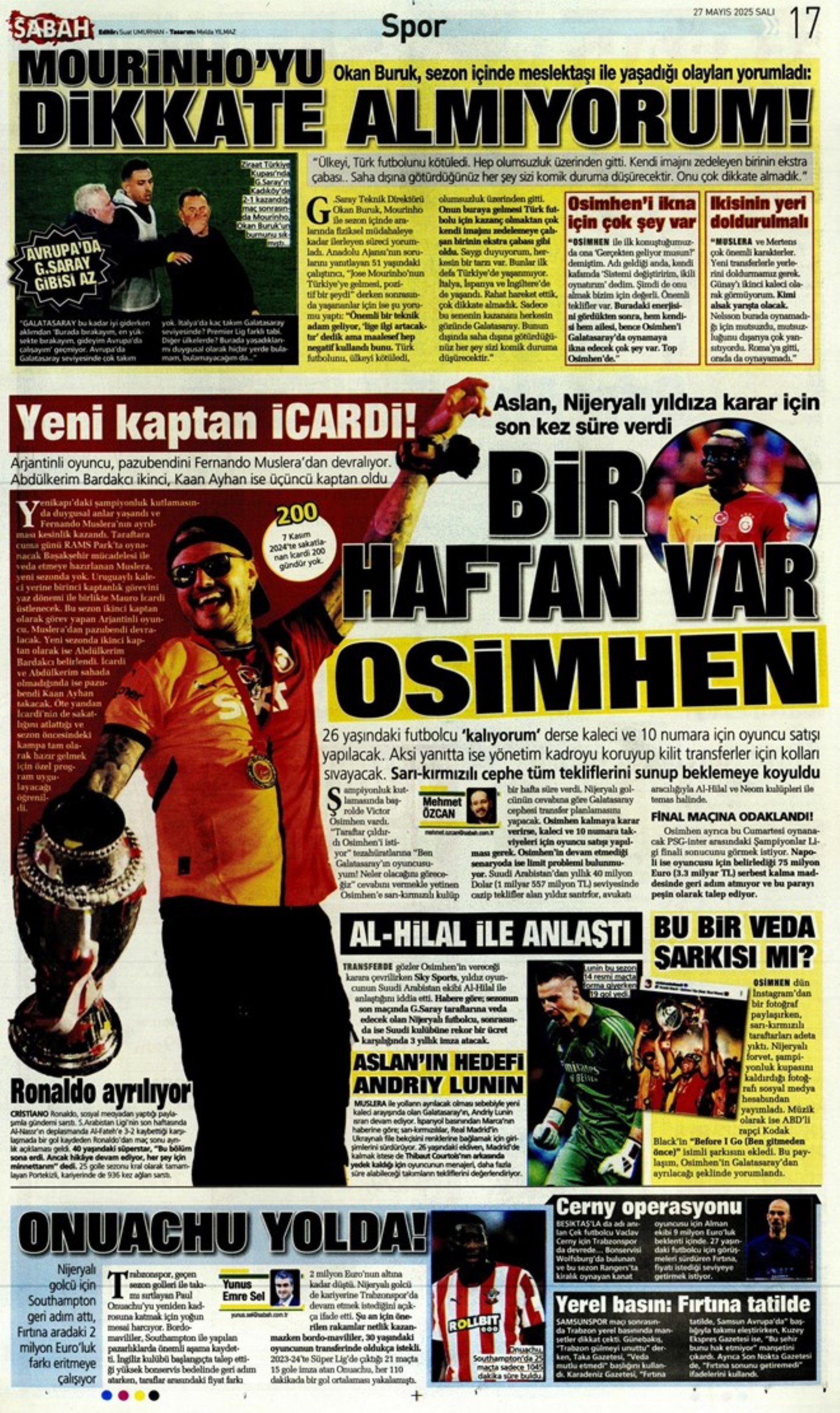 Sporda günün manşetleri: 'Mourinho galiba gidici'