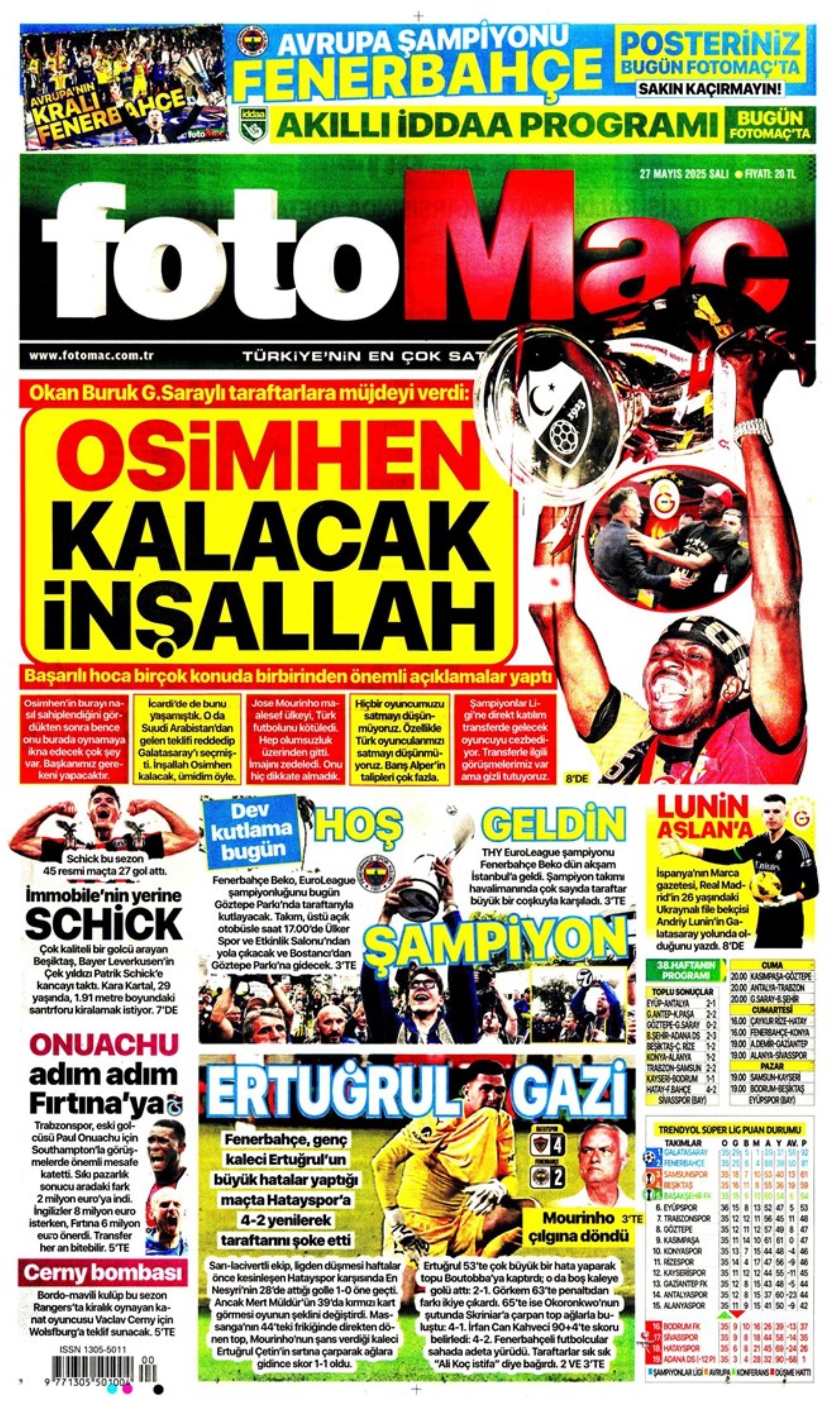 Sporda günün manşetleri: 'Mourinho galiba gidici'